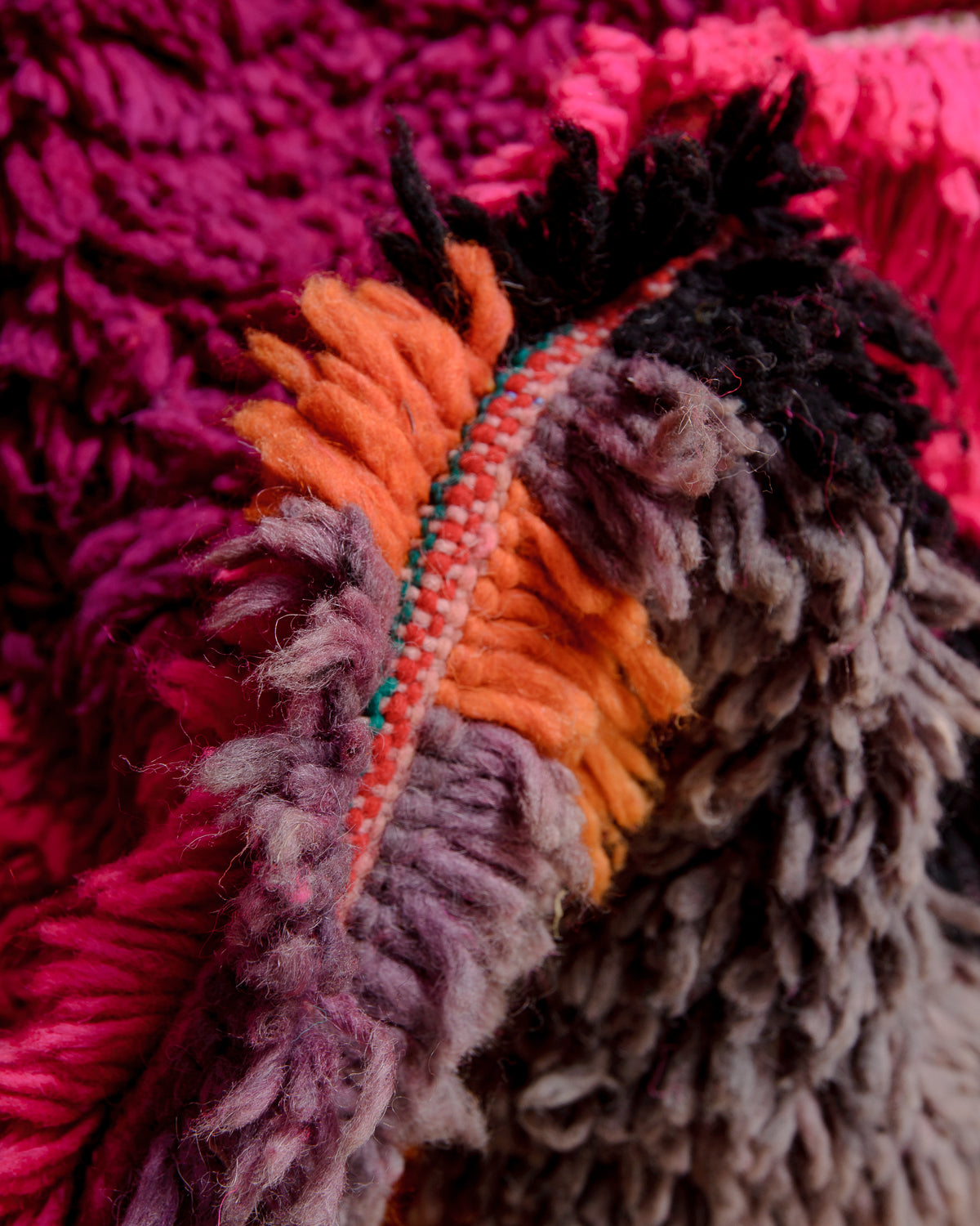 Modern, designer, handcrafted Berber rug from Morocco. Vintage carpet with beautiful colours and patterns and fluffy texture.