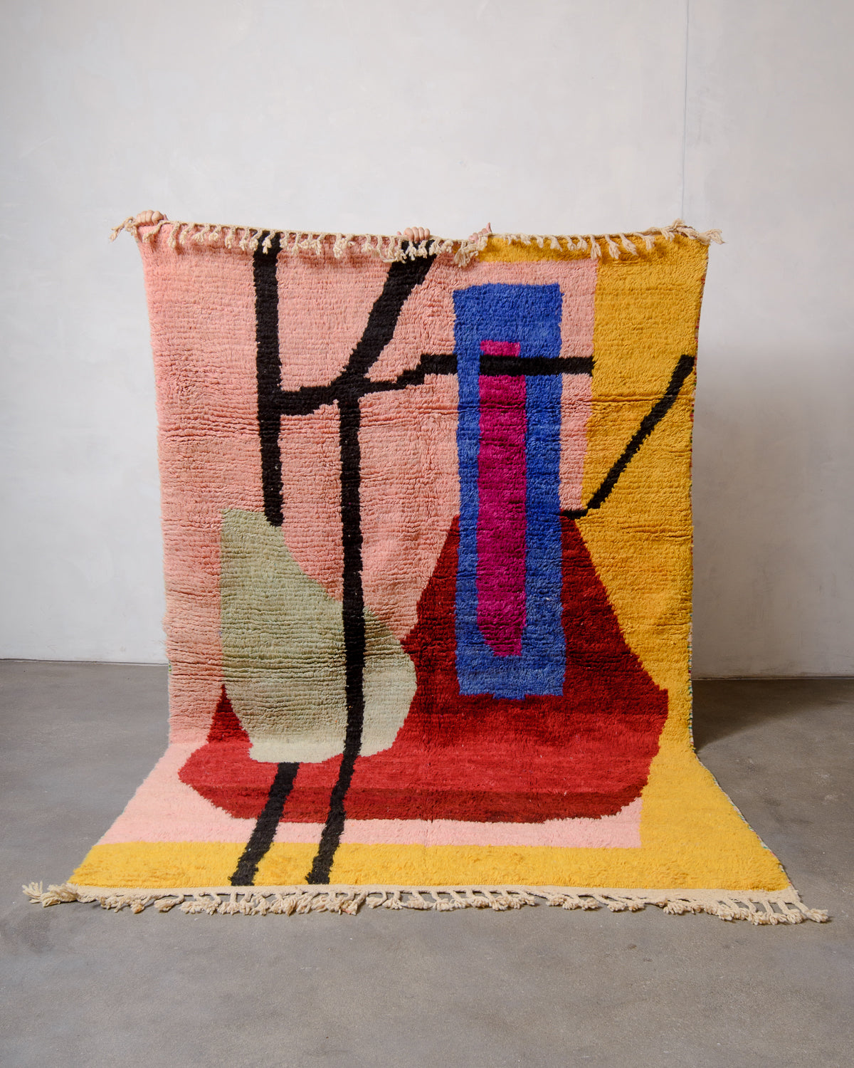 Modern, designer, handcrafted Berber rug from Morocco. Vintage carpet with beautiful colours and patterns and fluffy texture.