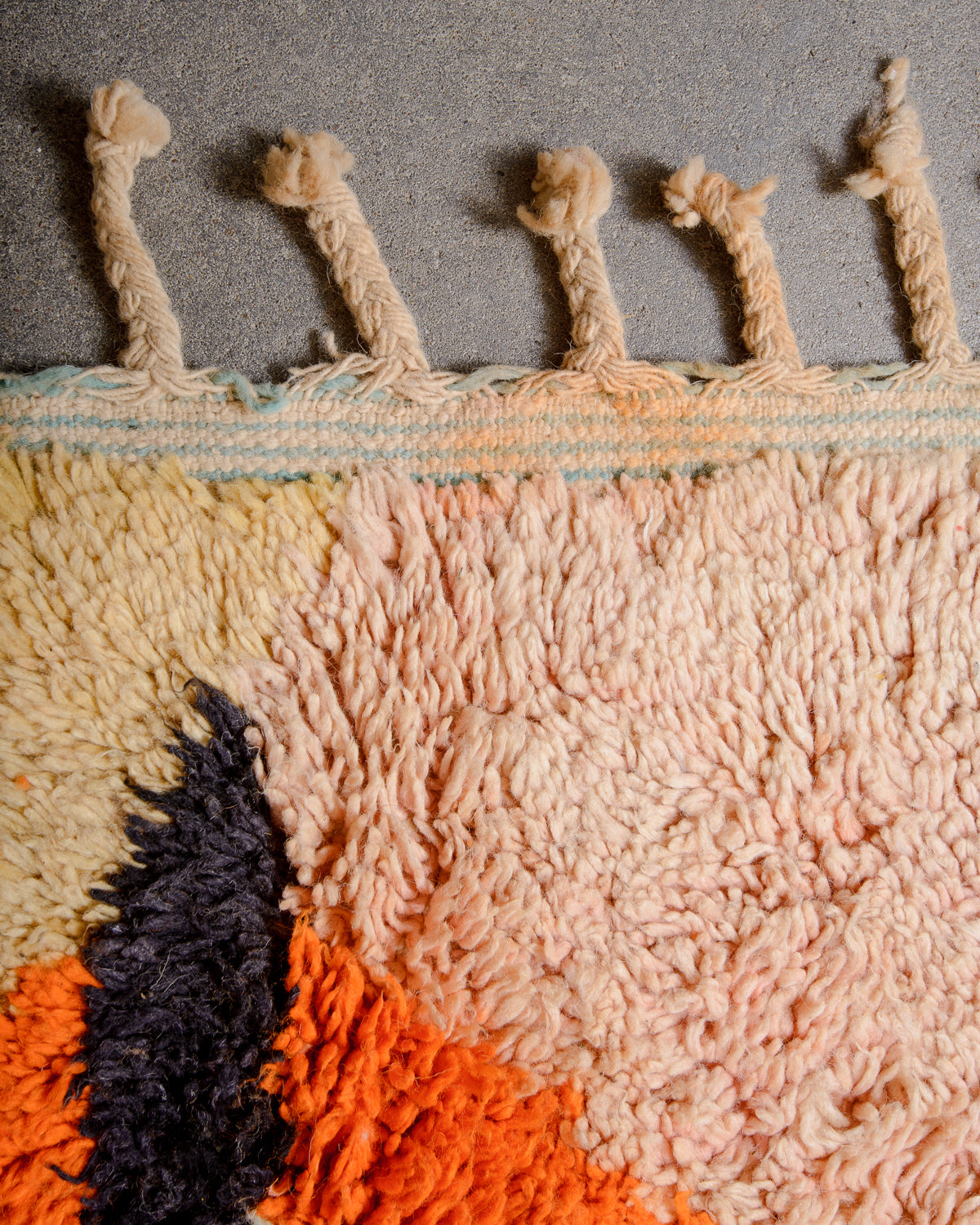 Modern, designer, handcrafted Berber rug from Morocco. Vintage carpet with beautiful colours and patterns and fluffy texture.