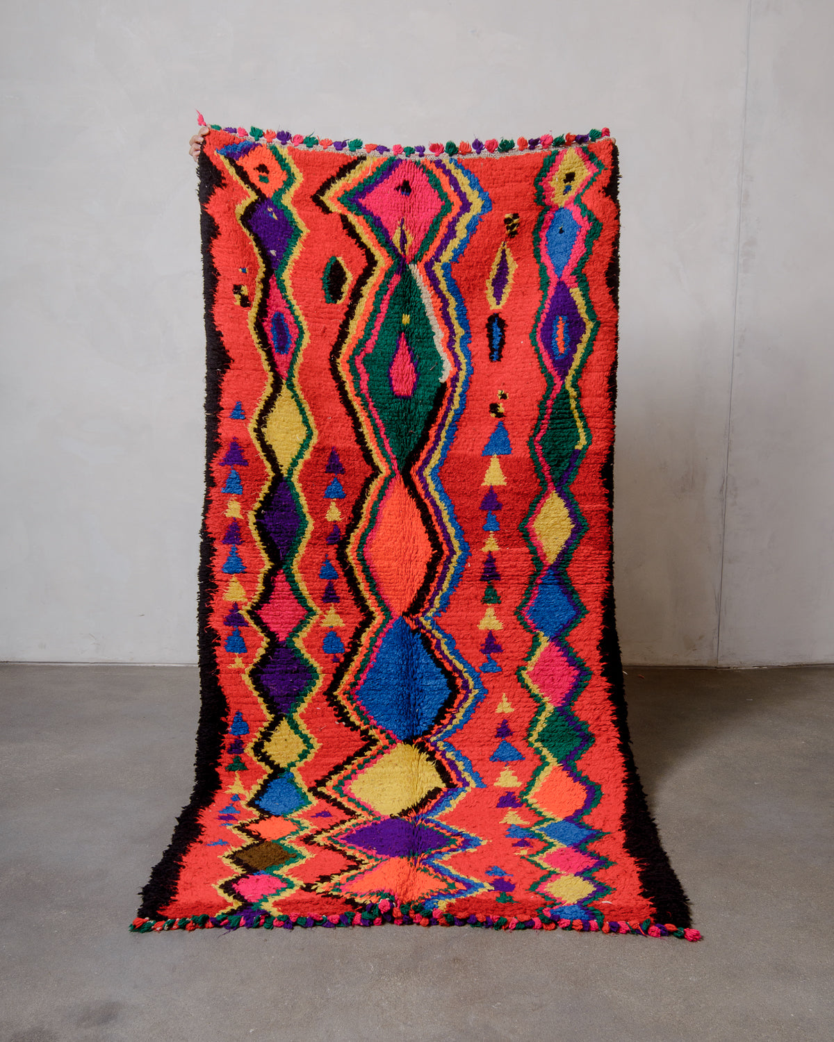 Modern, designer, handcrafted Berber rug from Morocco. Vintage carpet with beautiful colours and patterns and fluffy texture.