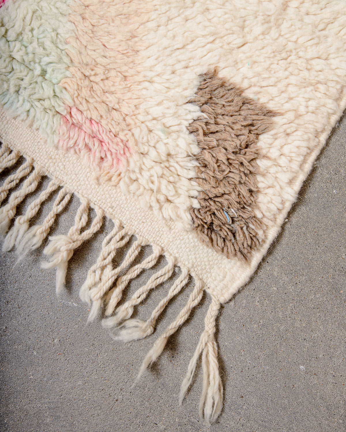 Modern, designer, handcrafted Berber rug from Morocco. Vintage carpet with beautiful colours and patterns and fluffy texture.