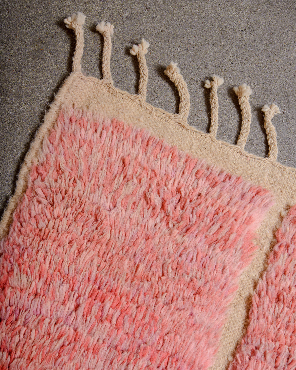 Modern, designer, handcrafted Berber rug from Morocco. Vintage carpet with beautiful colours and patterns and fluffy texture.