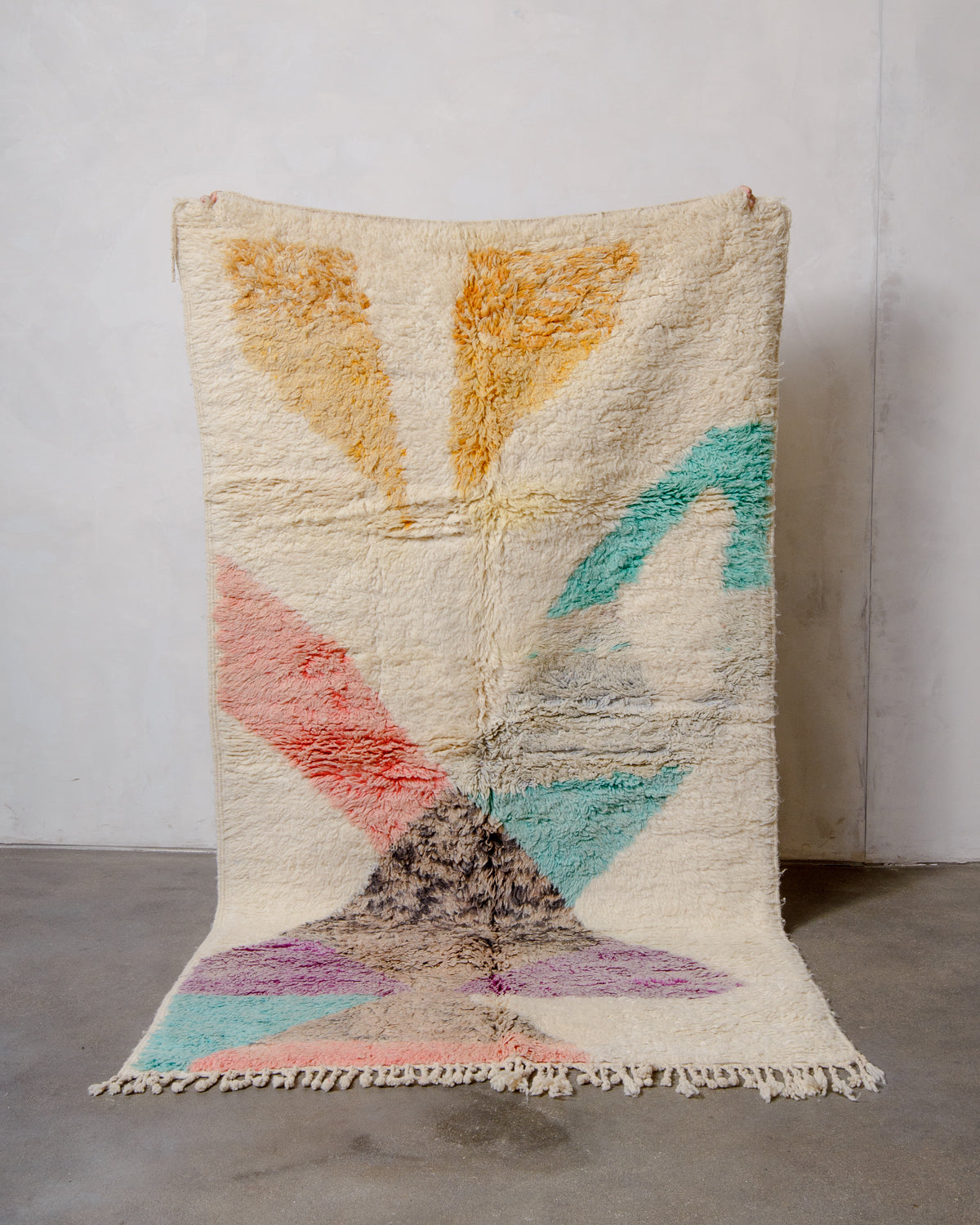 Modern, designer, handcrafted Berber rug from Morocco. Vintage carpet with beautiful colours and patterns and fluffy texture.