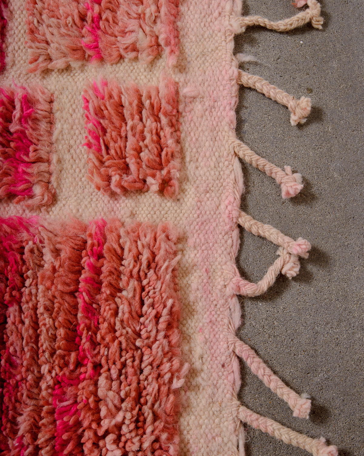 Modern, designer, handcrafted Berber rug from Morocco. Vintage carpet with beautiful colours and patterns and fluffy texture.