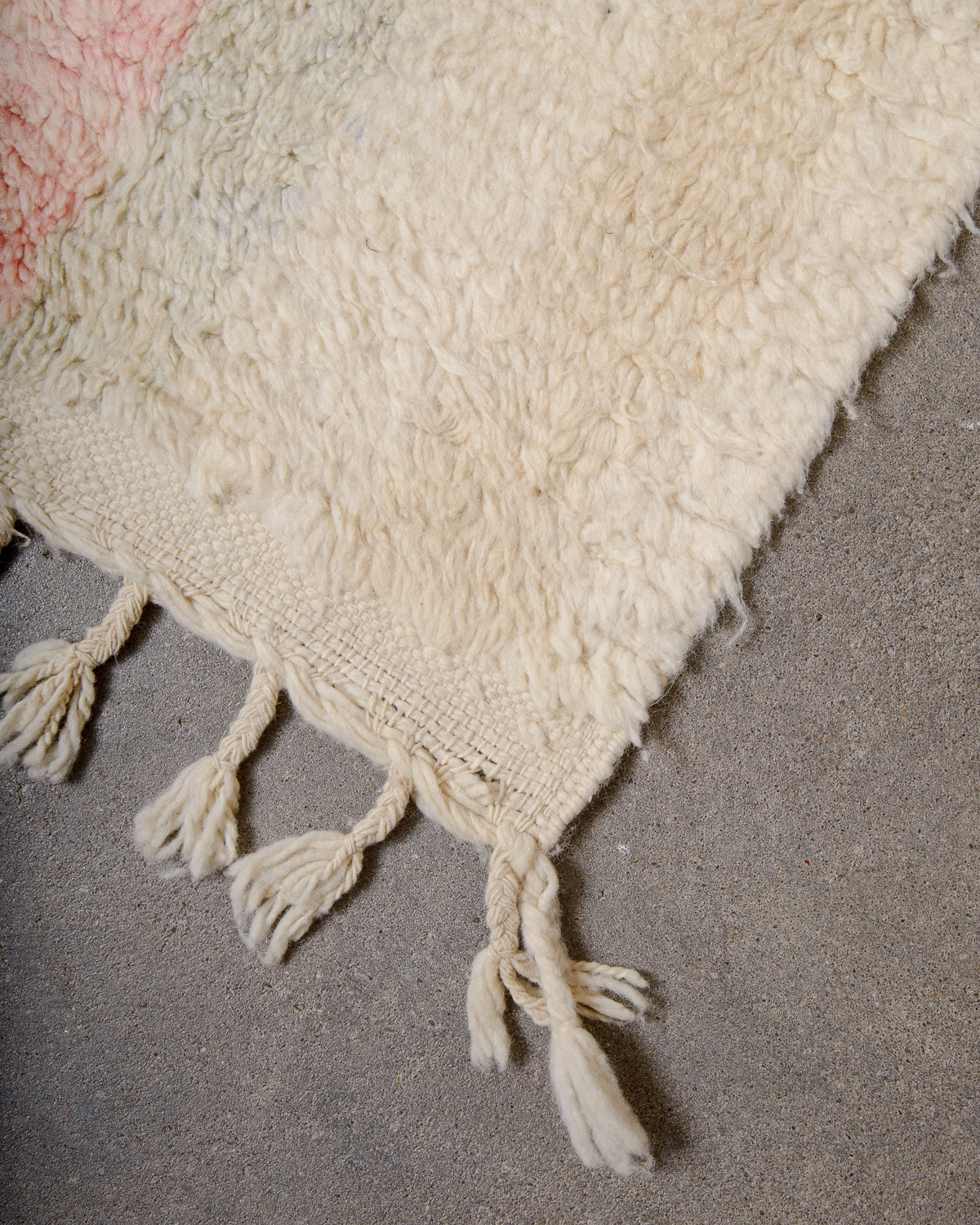 Modern, designer, handcrafted Berber rug from Morocco. Vintage carpet with beautiful colours and patterns and fluffy texture.