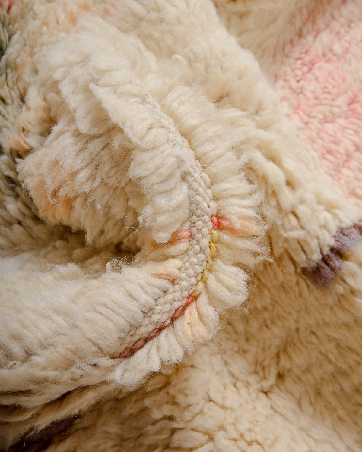 Modern, designer, handcrafted Berber rug from Morocco. Vintage carpet with beautiful colours and patterns and fluffy texture.