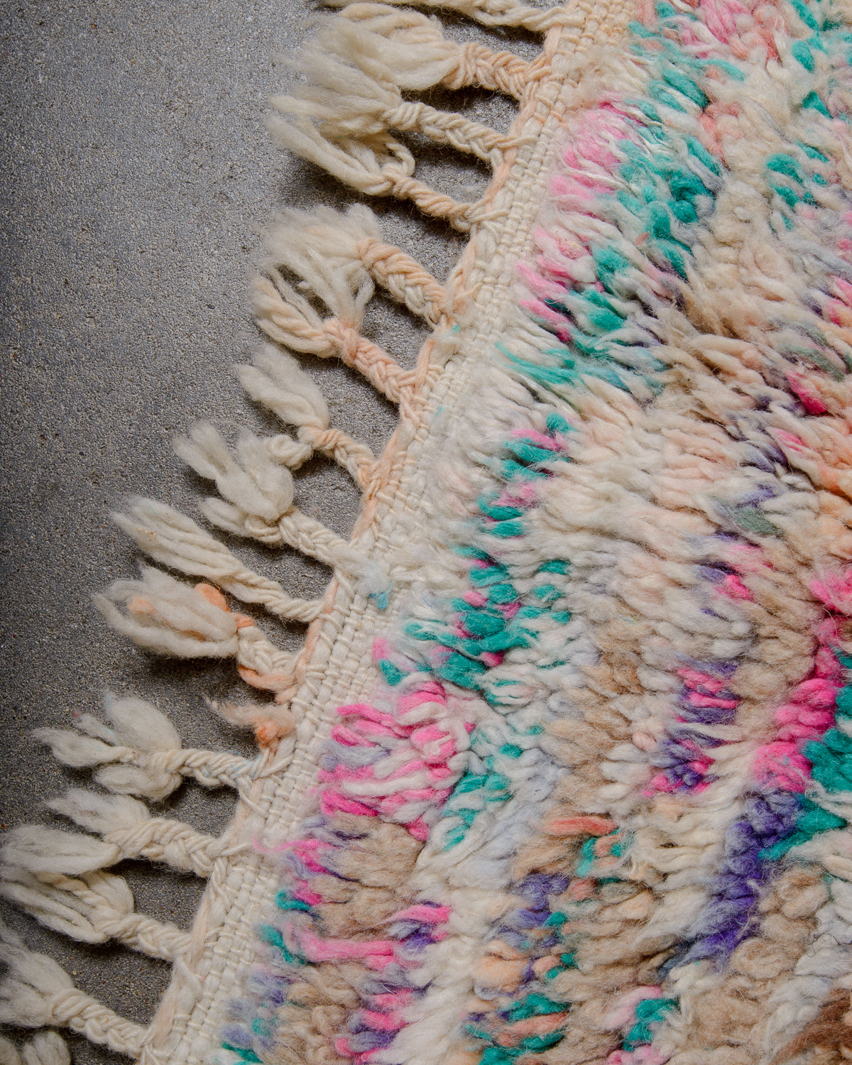 Modern, designer, handcrafted Berber rug from Morocco. Vintage carpet with beautiful colours and patterns and fluffy texture.