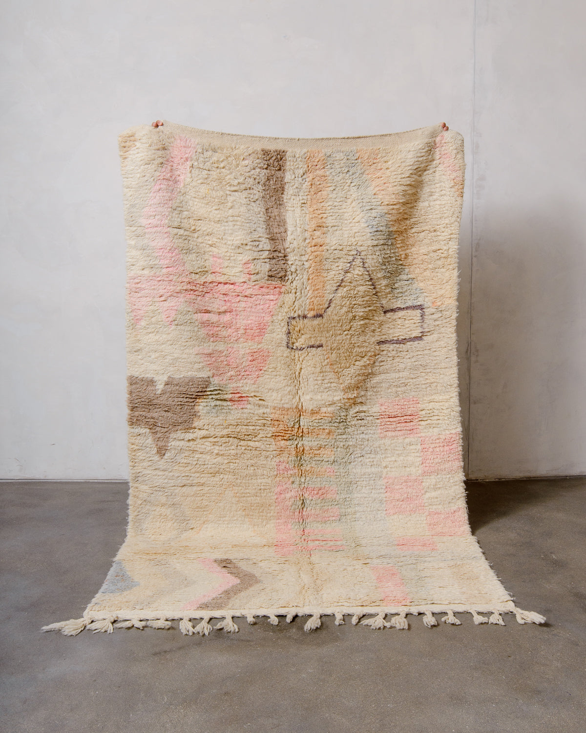 Modern, designer, handcrafted Berber rug from Morocco. Vintage carpet with beautiful colours and patterns and fluffy texture.