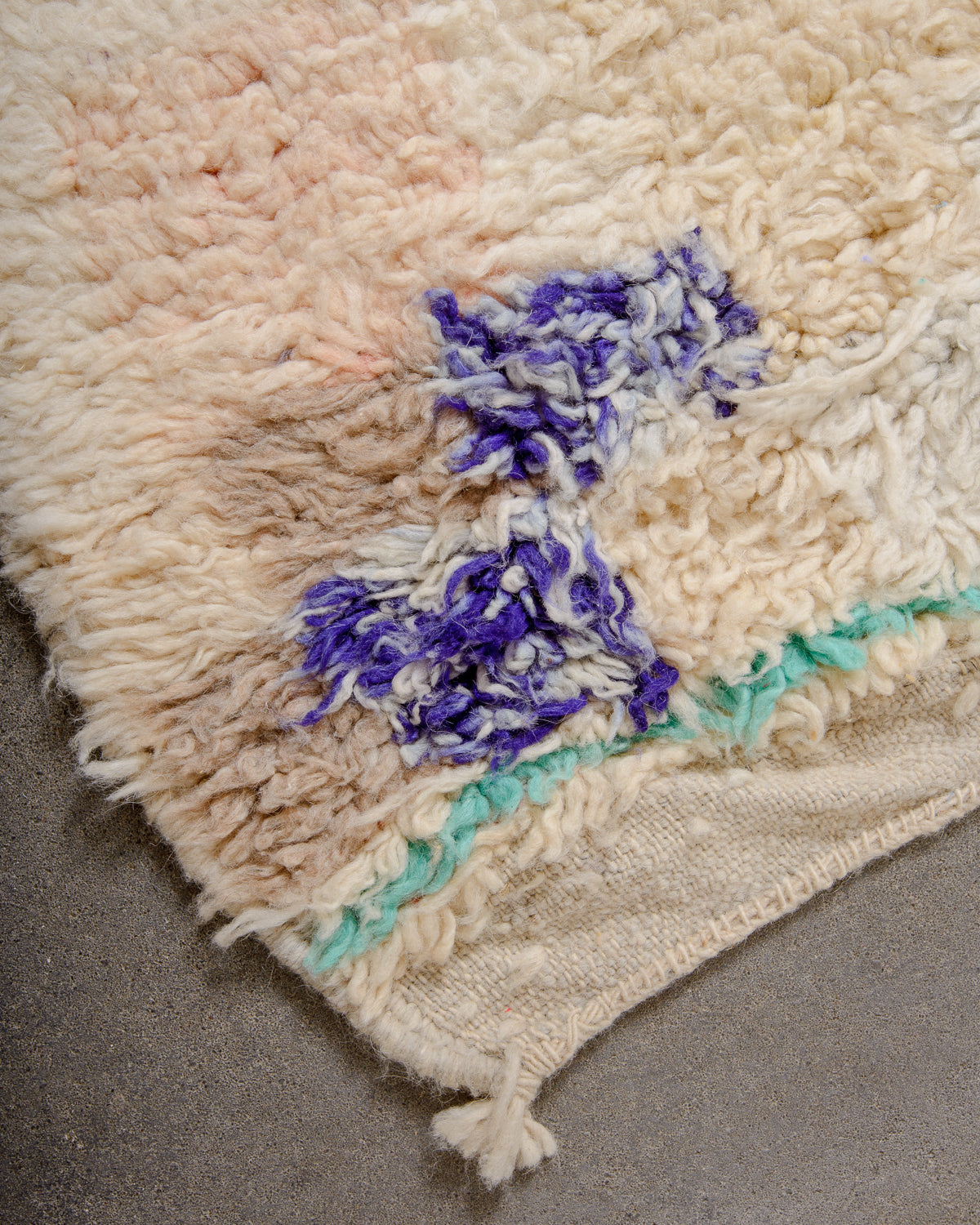 Modern, designer, handcrafted Berber rug from Morocco. Vintage carpet with beautiful colours and patterns and fluffy texture.