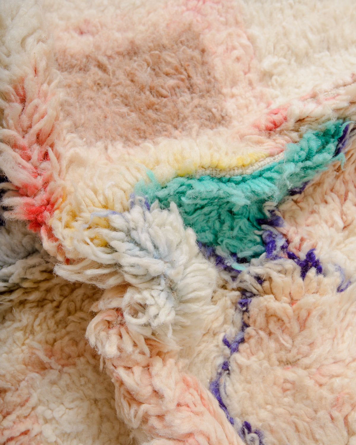 Modern, designer, handcrafted Berber rug from Morocco. Vintage carpet with beautiful colours and patterns and fluffy texture.