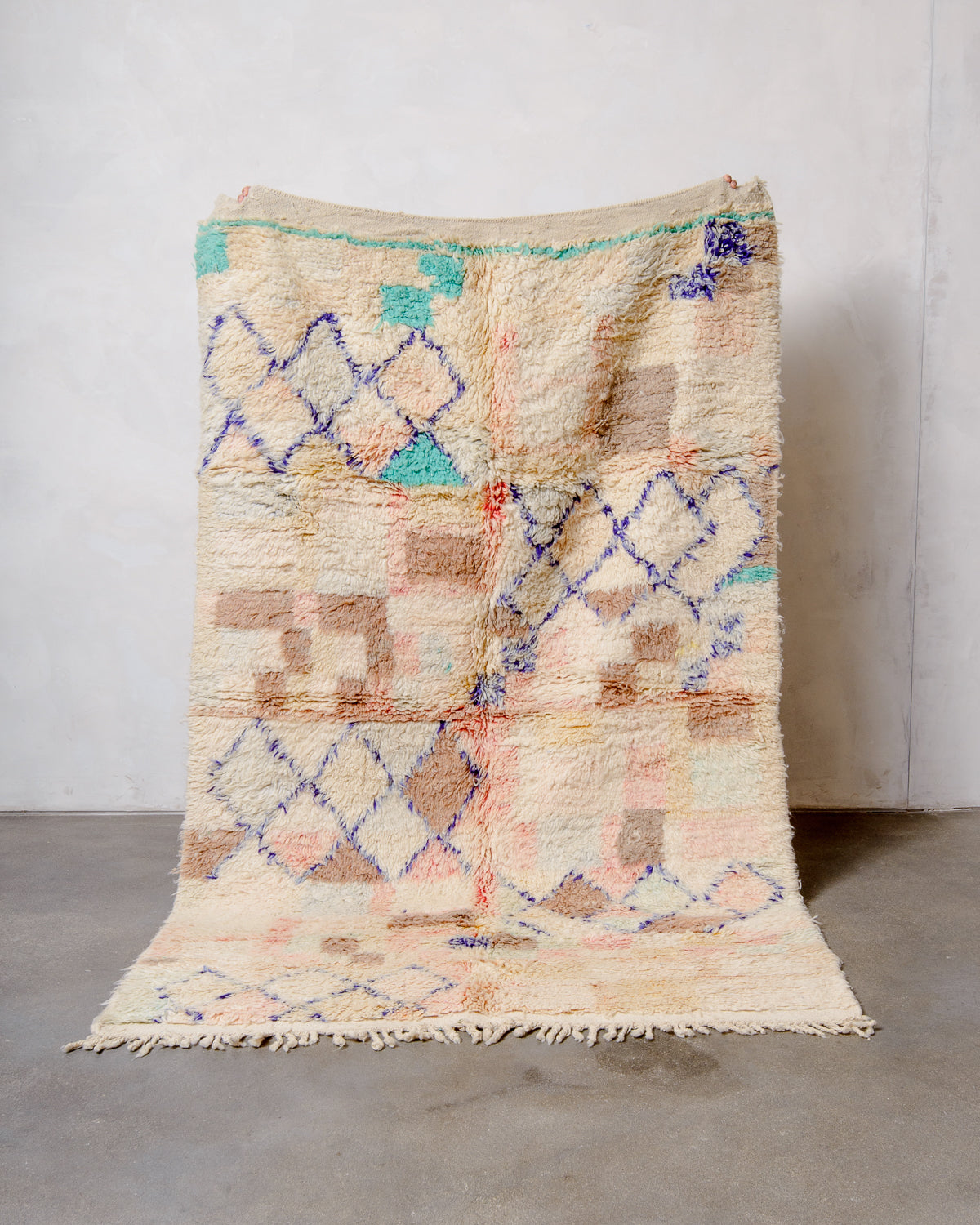 Modern, designer, handcrafted Berber rug from Morocco. Vintage carpet with beautiful colours and patterns and fluffy texture.