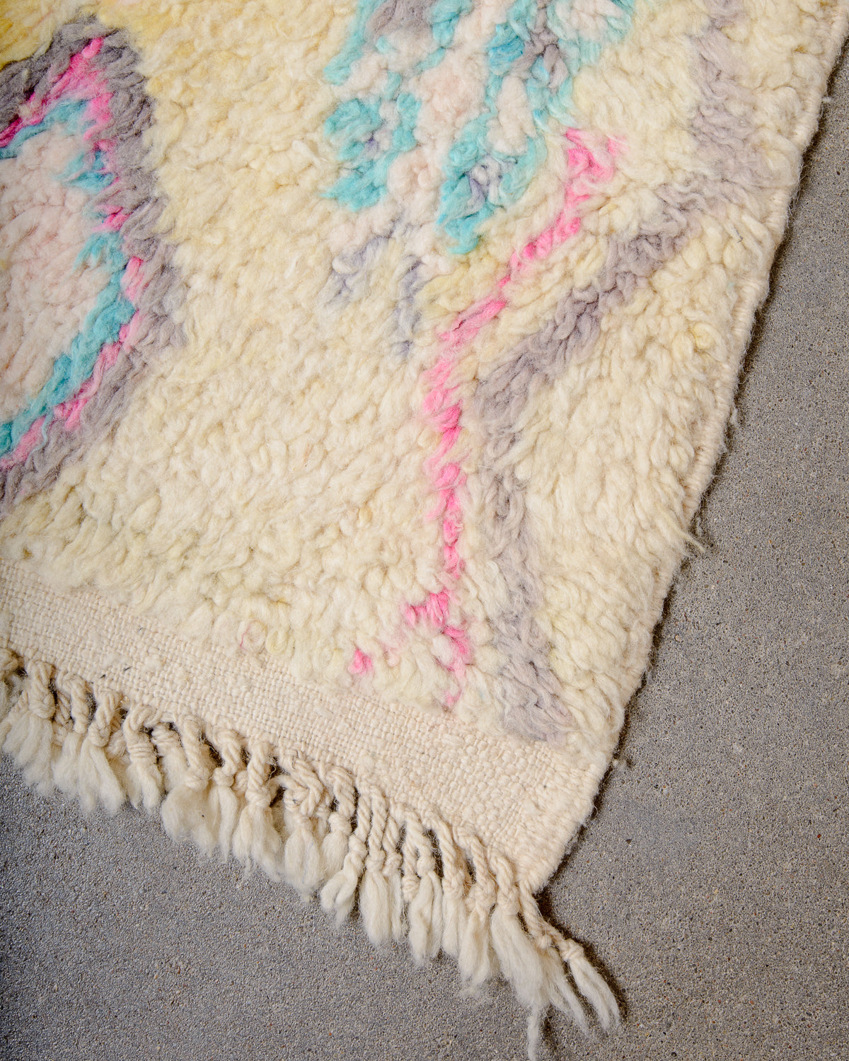Modern, designer, handcrafted Berber rug from Morocco. Vintage carpet with beautiful colours and patterns and fluffy texture.