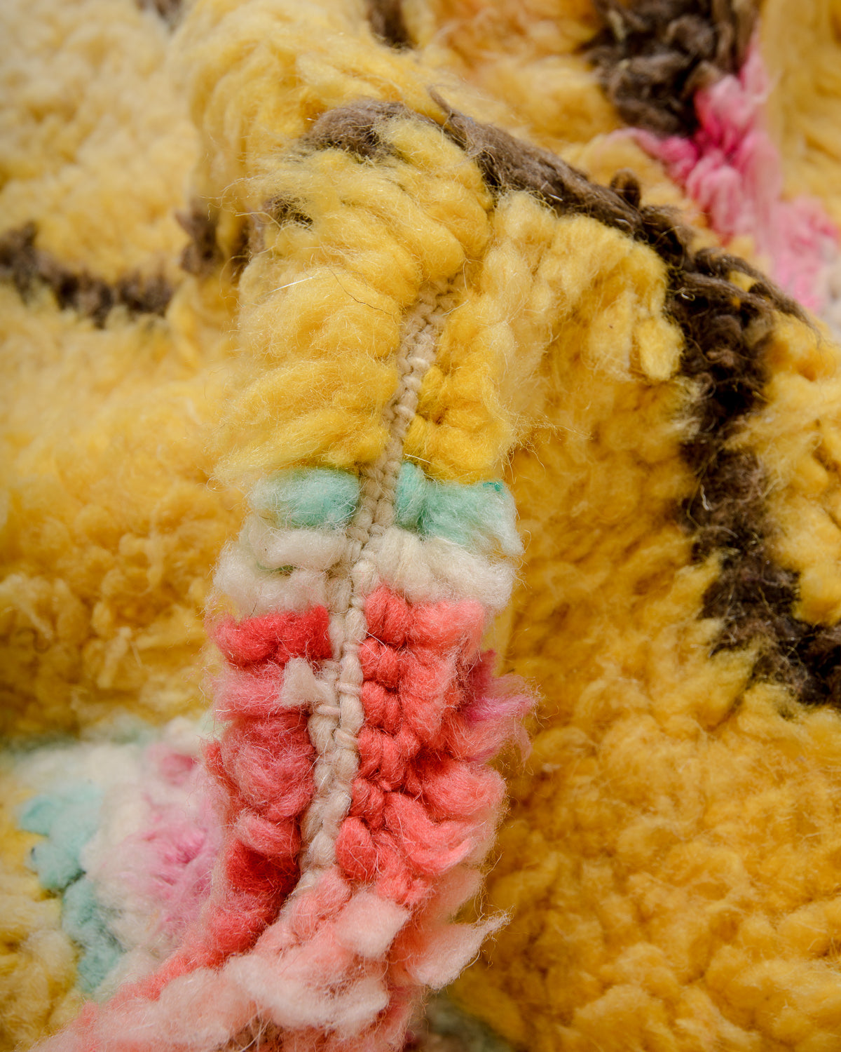 Modern, designer, handcrafted Berber rug from Morocco. Vintage carpet with beautiful colours and patterns and fluffy texture.