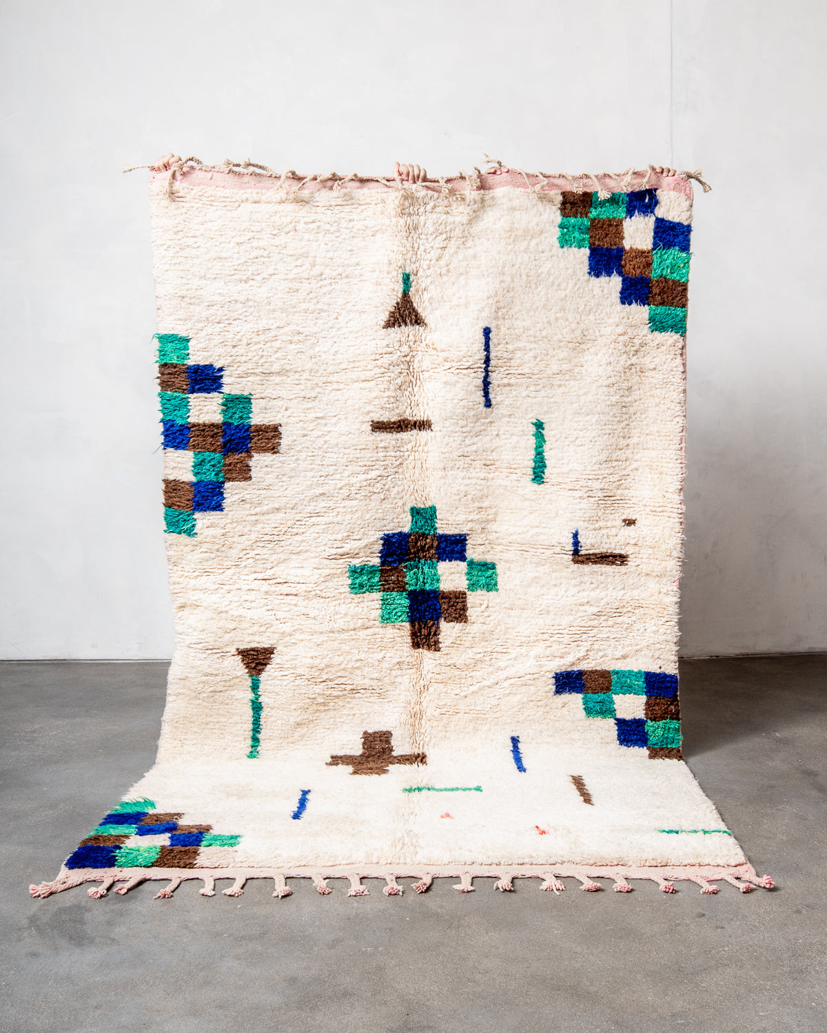 Modern, designer, handcrafted Berber rug from Morocco. Vintage carpet with beautiful colours and patterns and fluffy texture.