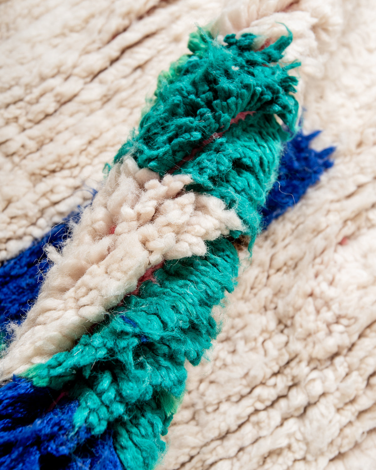 Modern, designer, handcrafted Berber rug from Morocco. Vintage carpet with beautiful colours and patterns and fluffy texture.