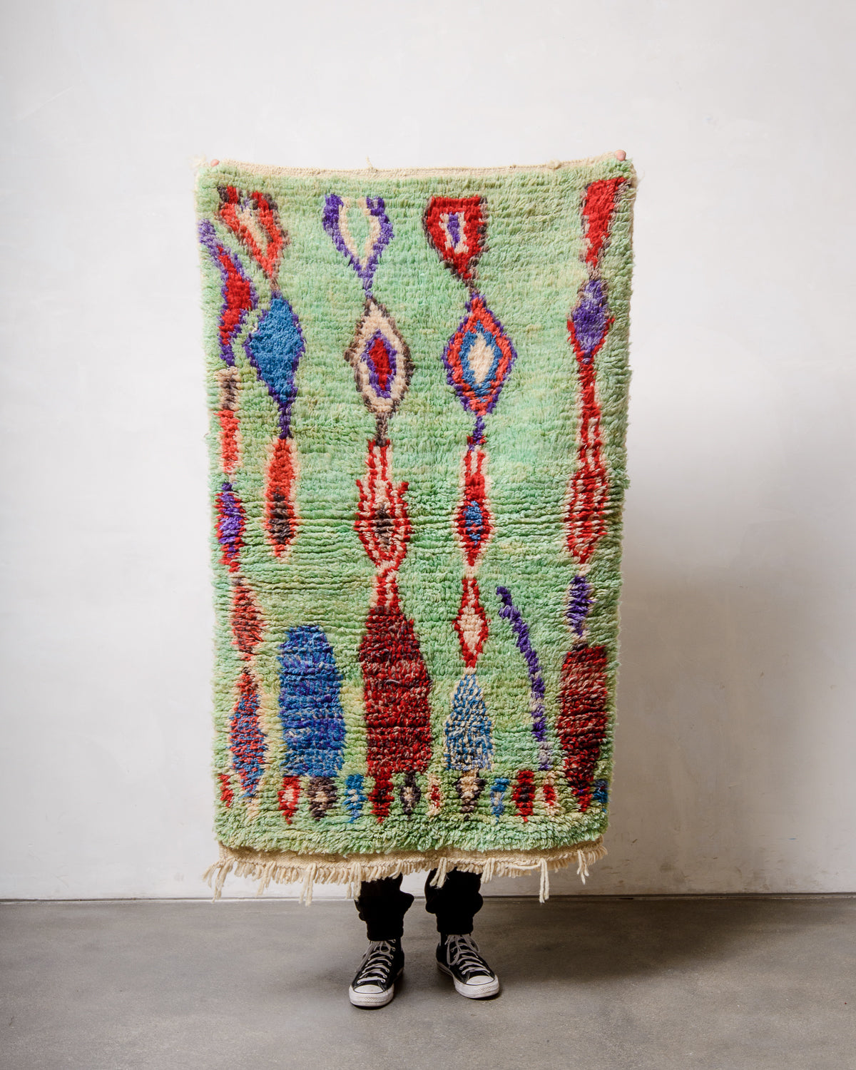 Modern, designer, handcrafted Berber rug from Morocco. Vintage carpet with beautiful colours and patterns and fluffy texture.