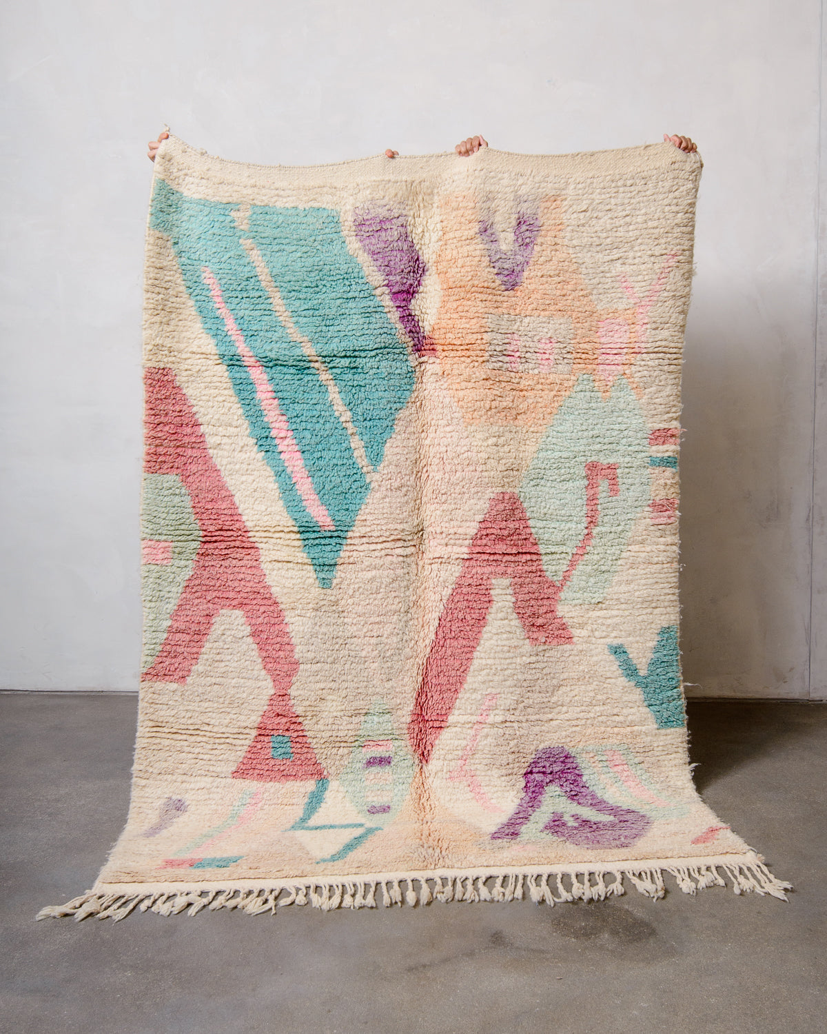 Modern, designer, handcrafted Berber rug from Morocco. Vintage carpet with beautiful colours and patterns and fluffy texture.