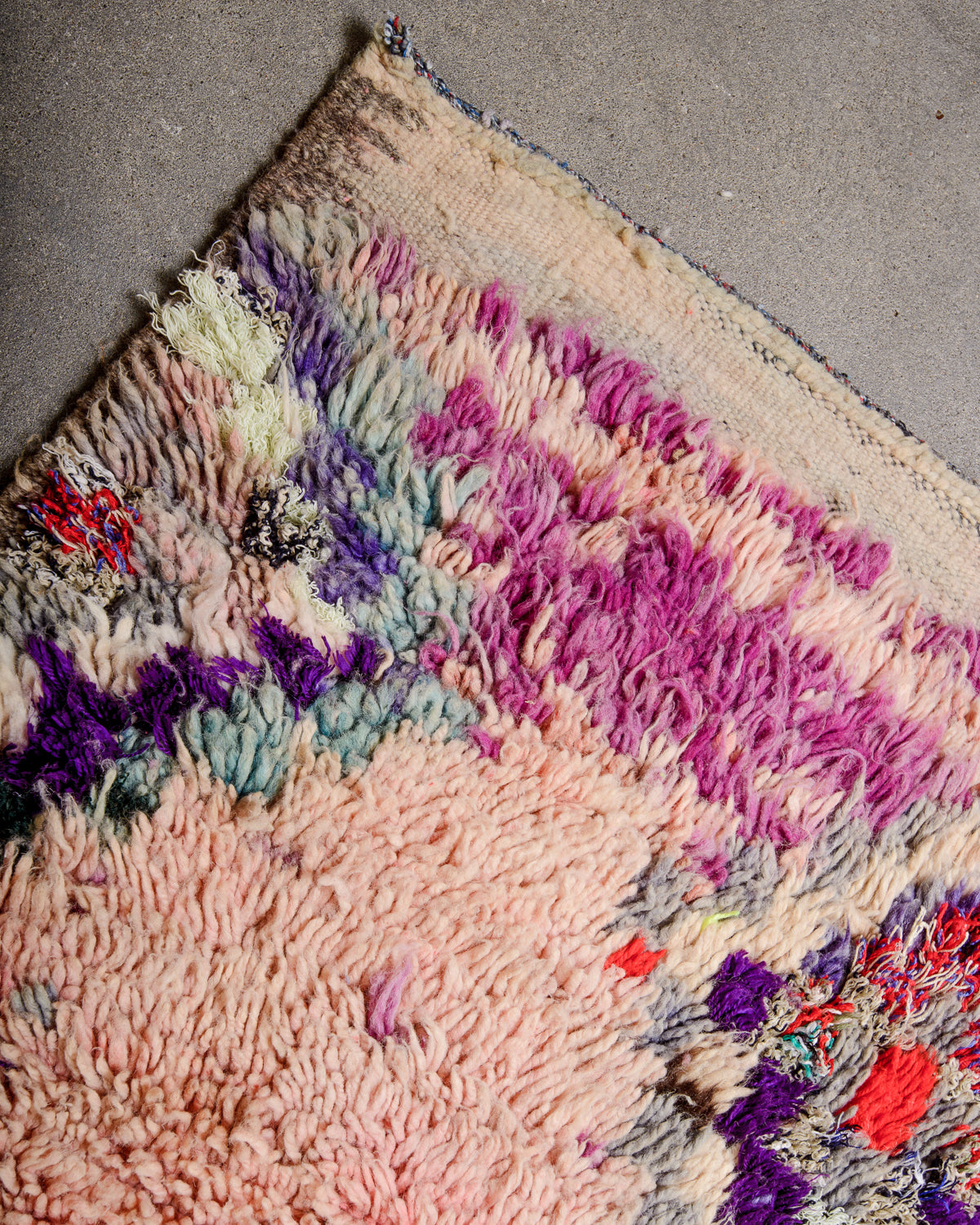 Modern, designer, handcrafted Berber rug from Morocco. Vintage carpet with beautiful colours and patterns and fluffy texture.
