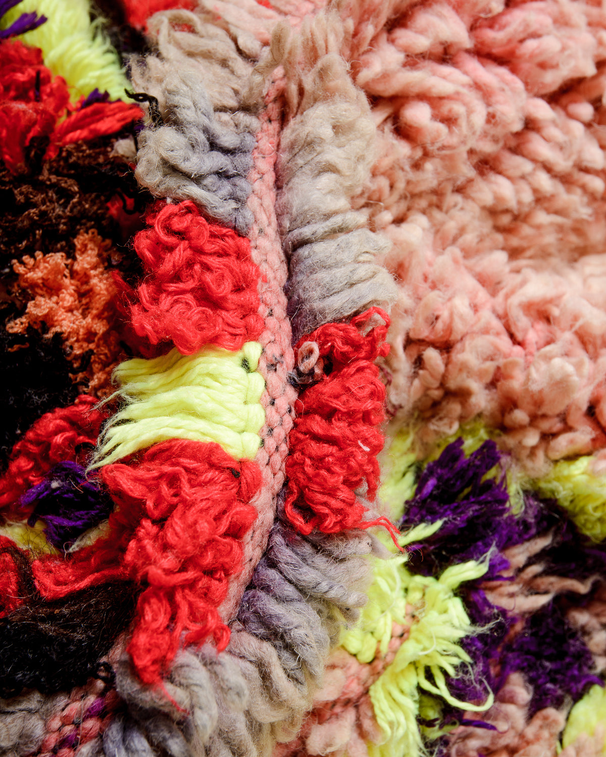 Modern, designer, handcrafted Berber rug from Morocco. Vintage carpet with beautiful colours and patterns and fluffy texture.