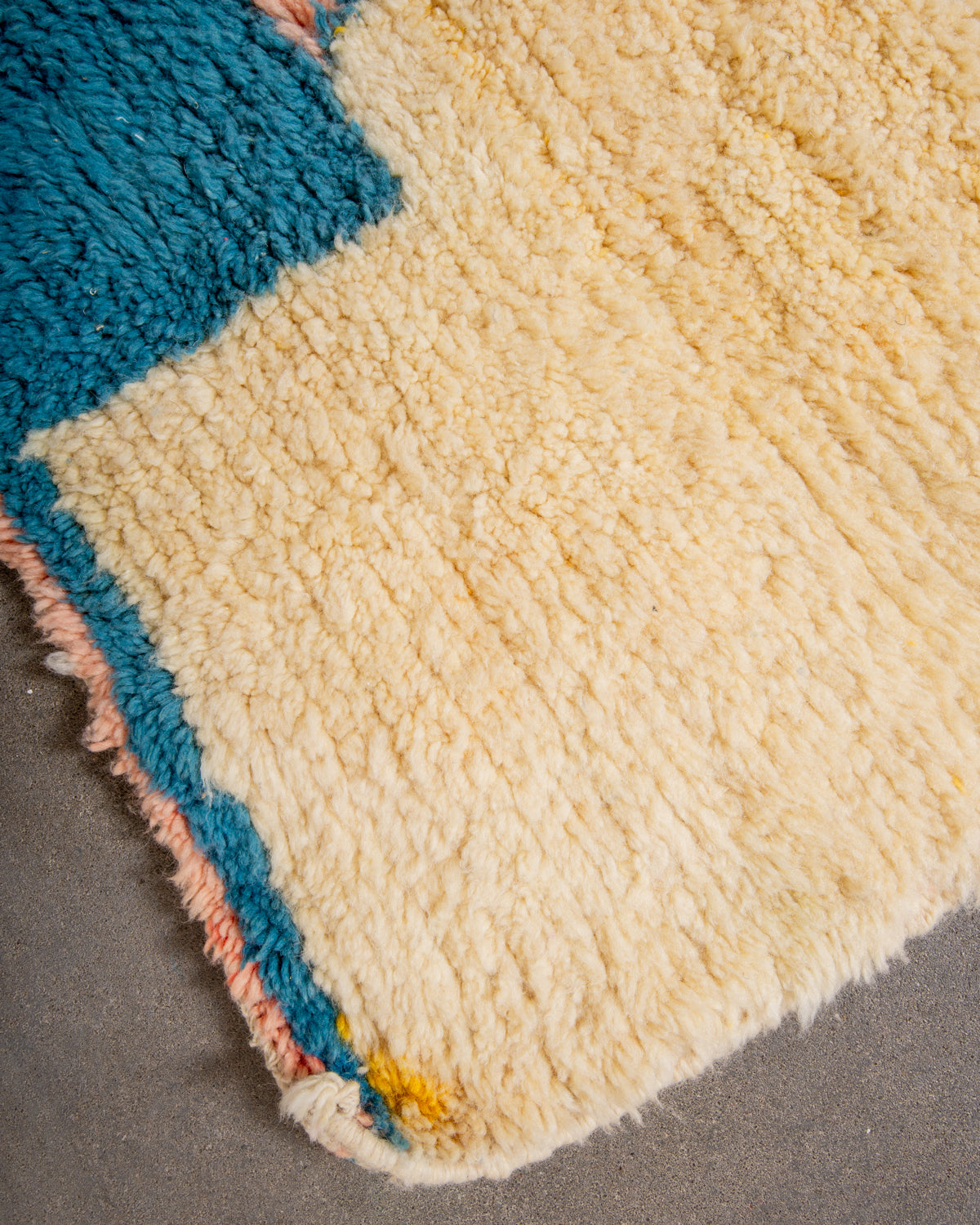 Modern, designer, handcrafted Berber rug from Morocco. Vintage carpet with beautiful colours and patterns and fluffy texture.