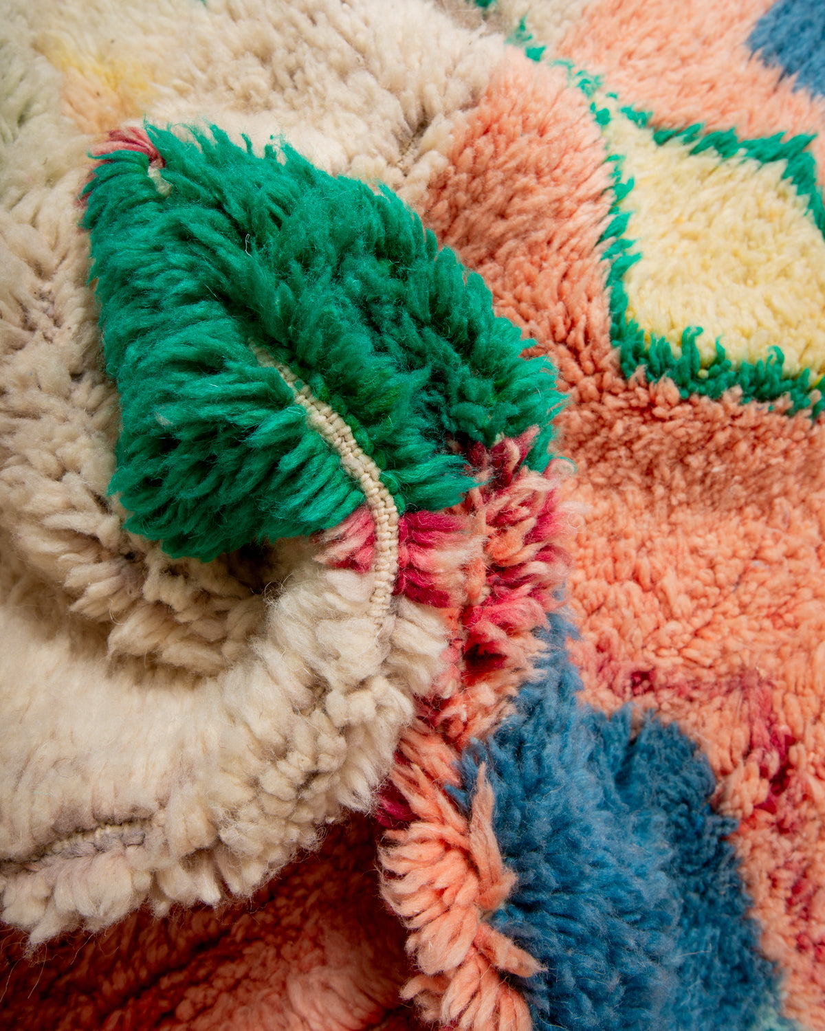 Modern, designer, handcrafted Berber rug from Morocco. Vintage carpet with beautiful colours and patterns and fluffy texture.