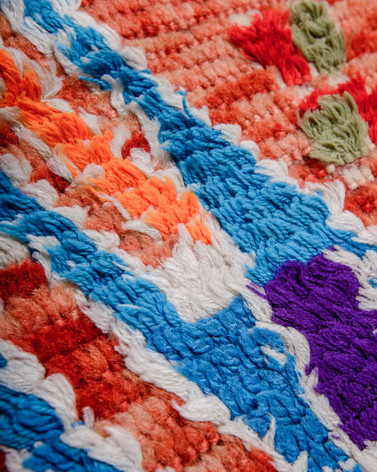 Modern, designer, handcrafted Berber runner rug from Morocco. Vintage carpet with beautiful colours and patterns and fluffy texture.