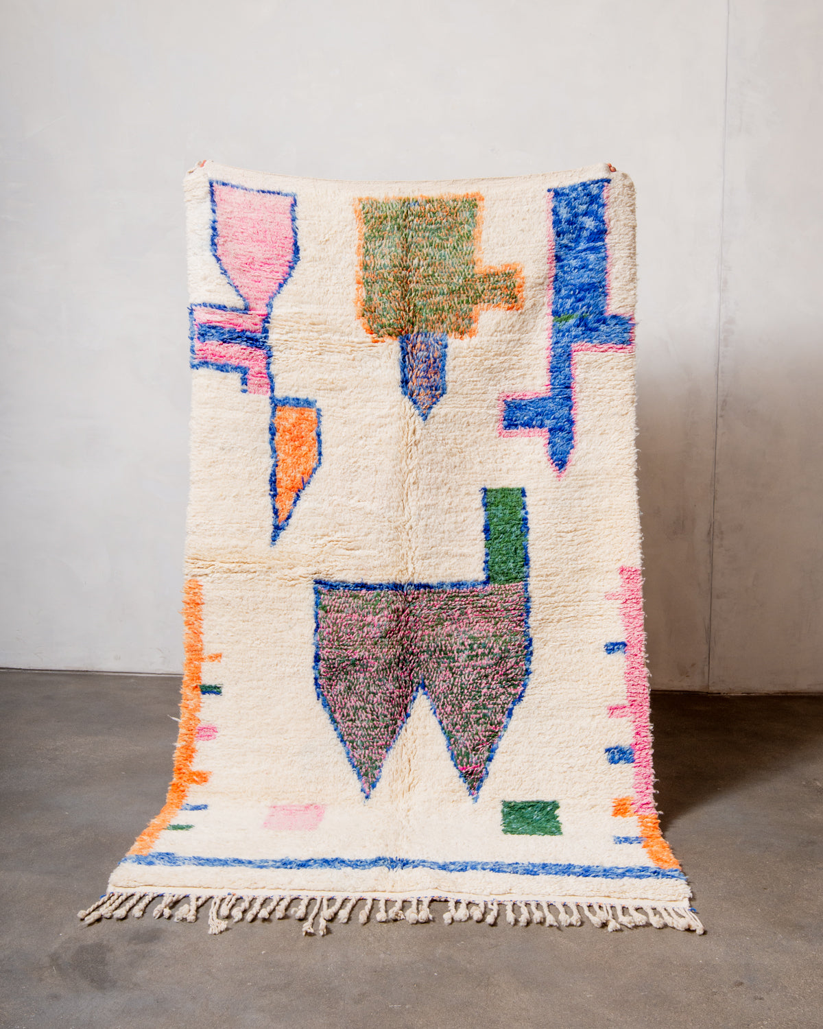 Modern, designer, handcrafted Berber rug from Morocco. Vintage carpet with beautiful colours and patterns and fluffy texture.