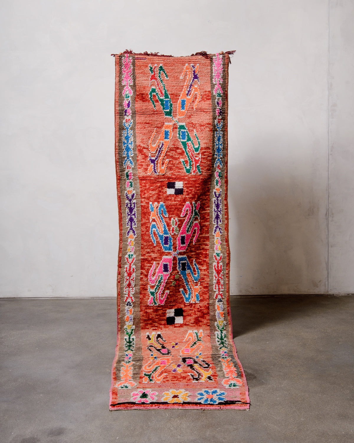 Modern, designer, handcrafted Berber runner rug from Morocco. Vintage carpet with beautiful colours and patterns and fluffy texture.