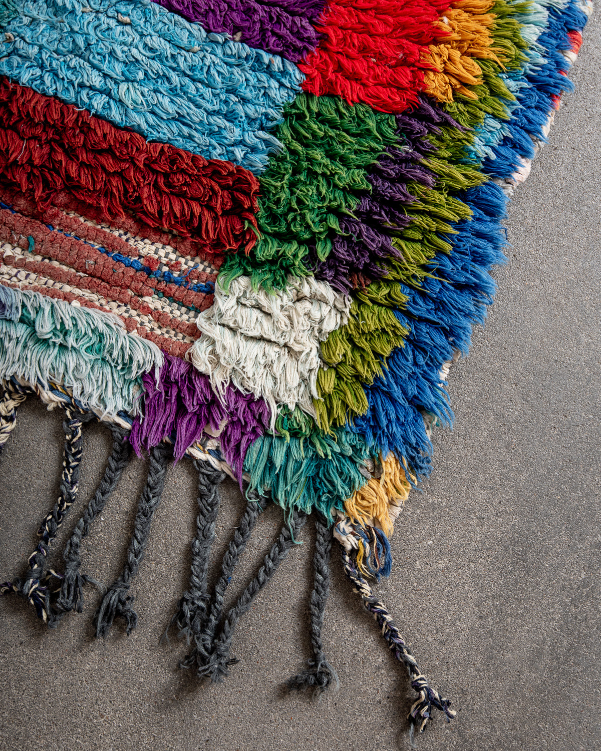 Modern designer vintage handcrafted Berber rug from Morocco. Boucherouite runner rug with beautiful colors and patterns.