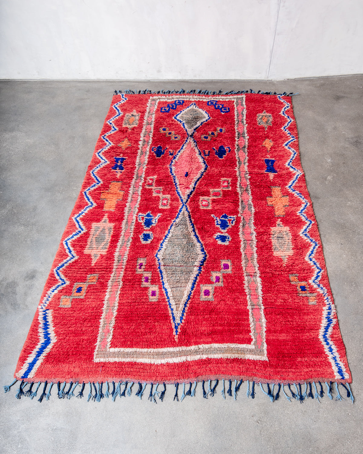 Modern, designer, handcrafted Berber rug from Morocco. Vintage carpet with beautiful colours and patterns and fluffy texture.
