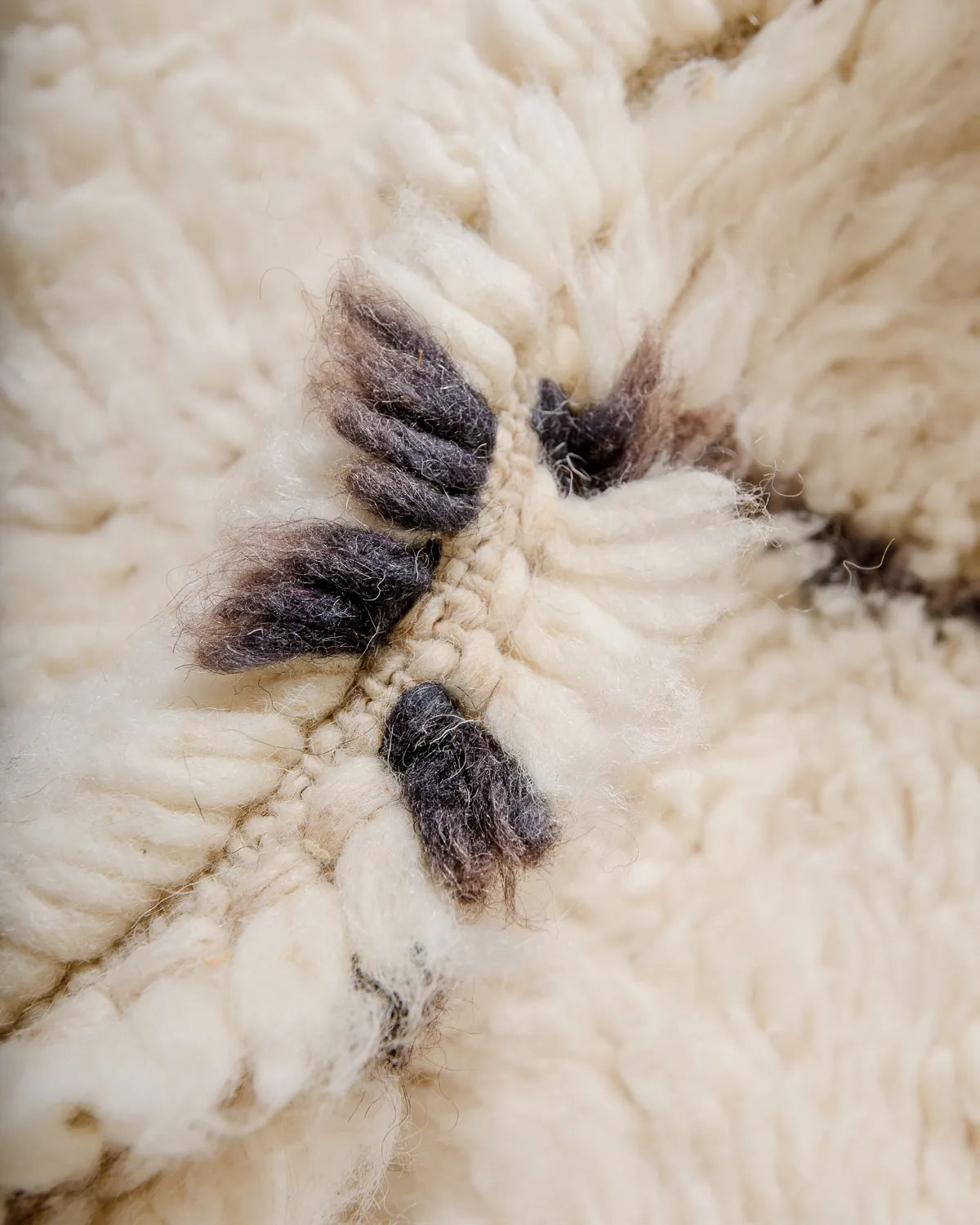 Detail of wool Berber rug in cream wool and grey-brown coloured design.