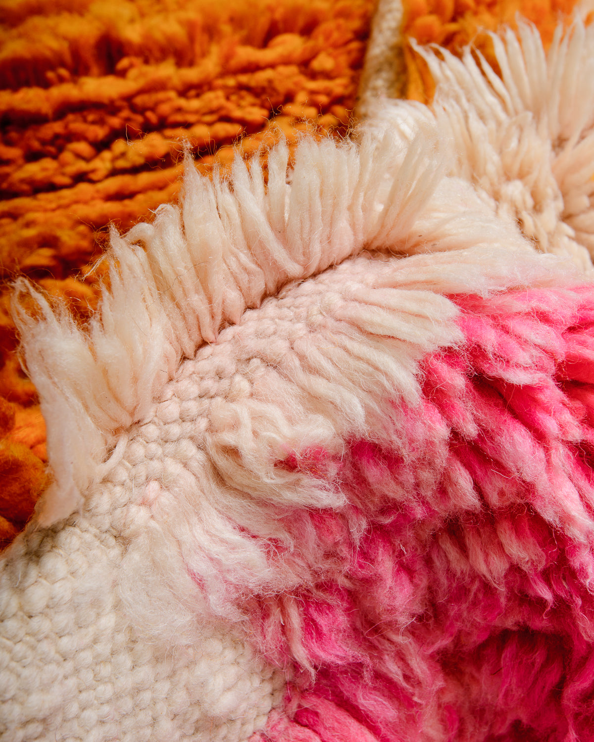 Modern, designer, handcrafted Berber rug from Morocco. Vintage carpet with beautiful colours and patterns and fluffy texture.