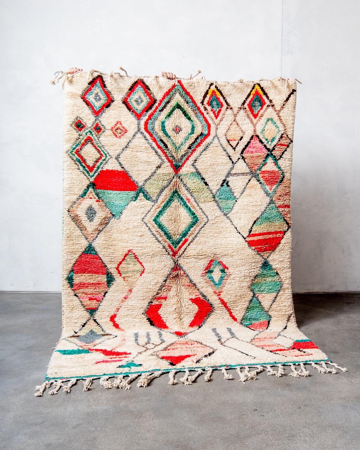 Modern, designer, handcrafted Berber rug from Morocco. Vintage carpet with beautiful colours and patterns and fluffy texture.