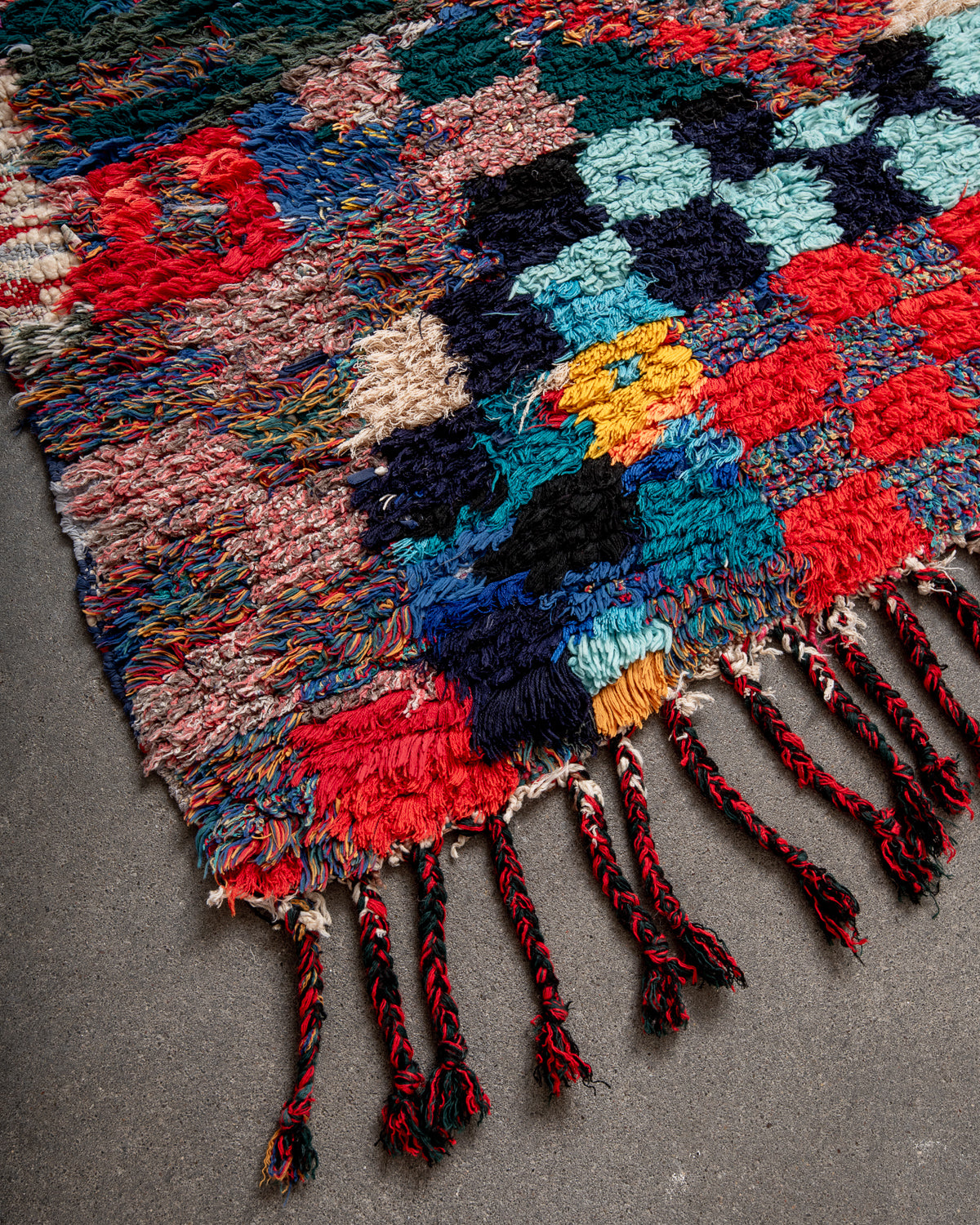 Modern, designer, handcrafted Berber runner rug from Morocco. Vintage carpet with beautiful colours and patterns and fluffy texture.