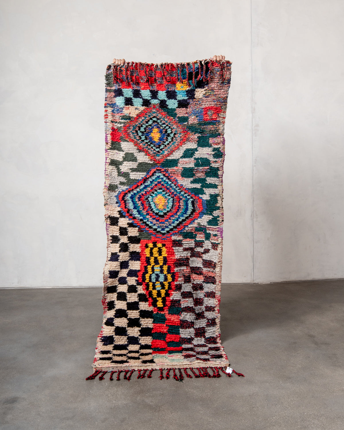 Modern, designer, handcrafted Berber runner rug from Morocco. Vintage carpet with beautiful colours and patterns and fluffy texture.