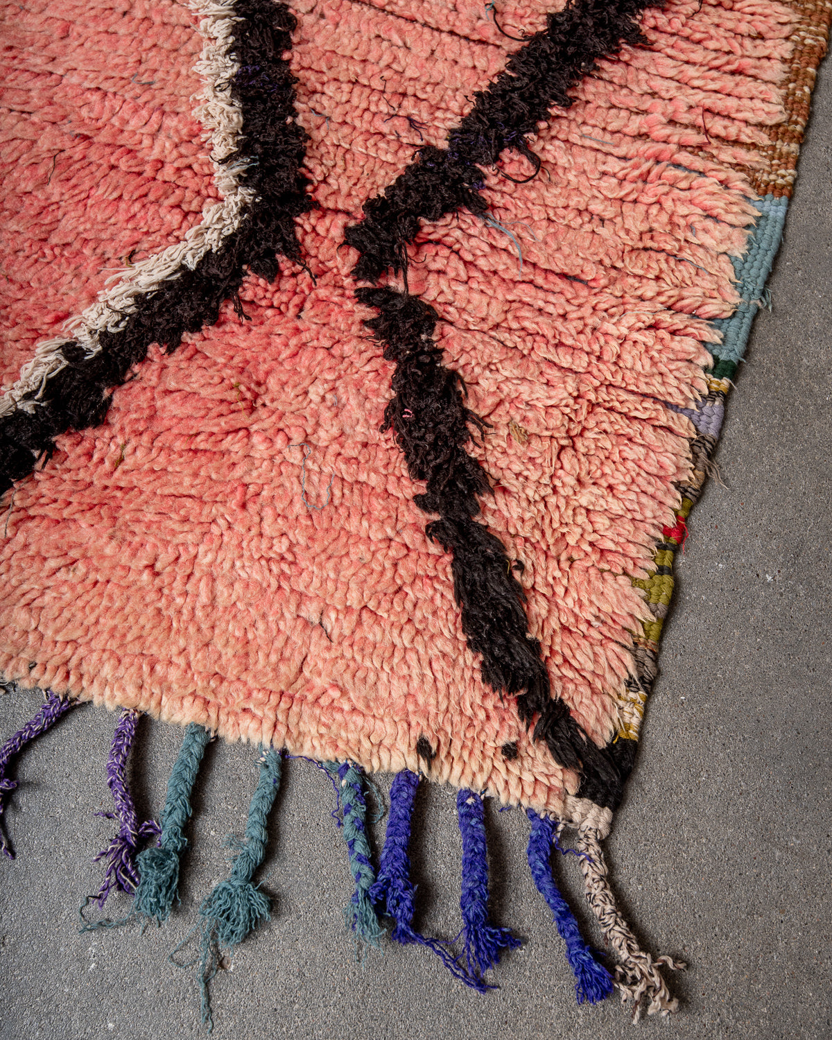 Modern, designer, handcrafted Berber runner rug from Morocco. Vintage carpet with beautiful colours and patterns and fluffy texture.