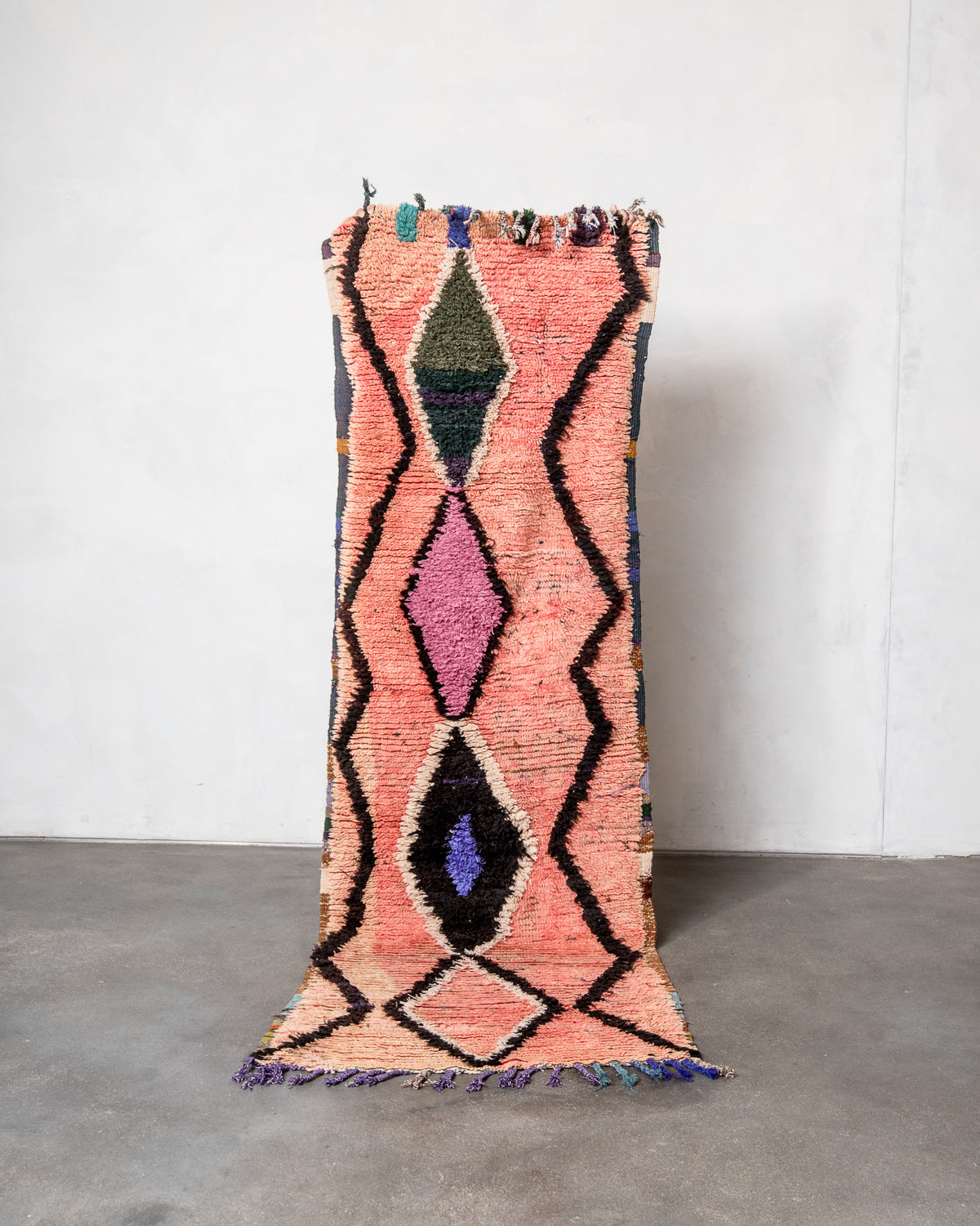 Modern, designer, handcrafted Berber runner rug from Morocco. Vintage carpet with beautiful colours and patterns and fluffy texture.
