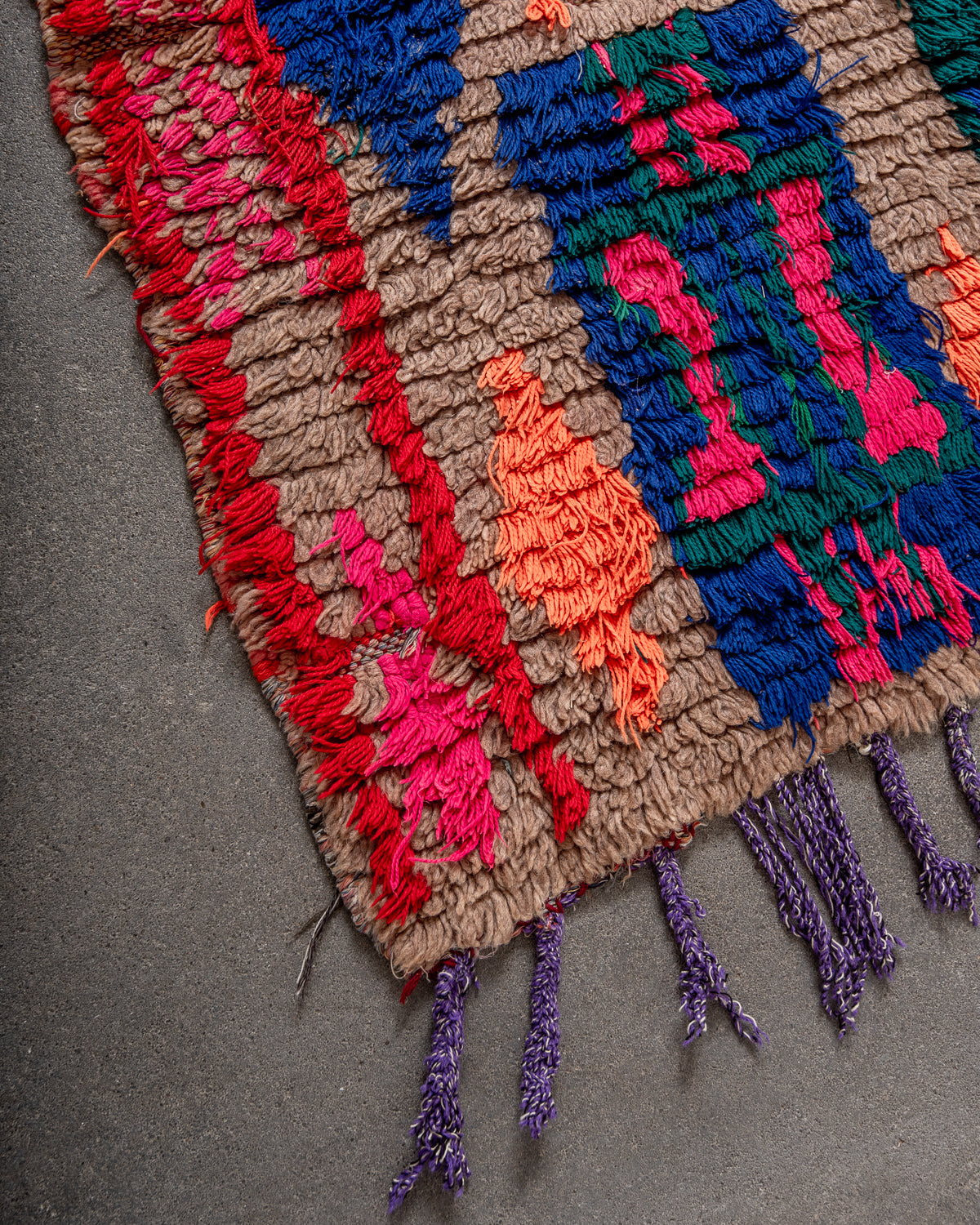 Modern, designer, handcrafted Berber runner rug from Morocco. Vintage carpet with beautiful colours and patterns and fluffy texture.