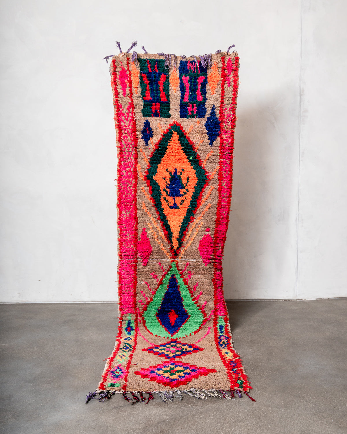 Modern, designer, handcrafted Berber runner rug from Morocco. Vintage carpet with beautiful colours and patterns and fluffy texture.