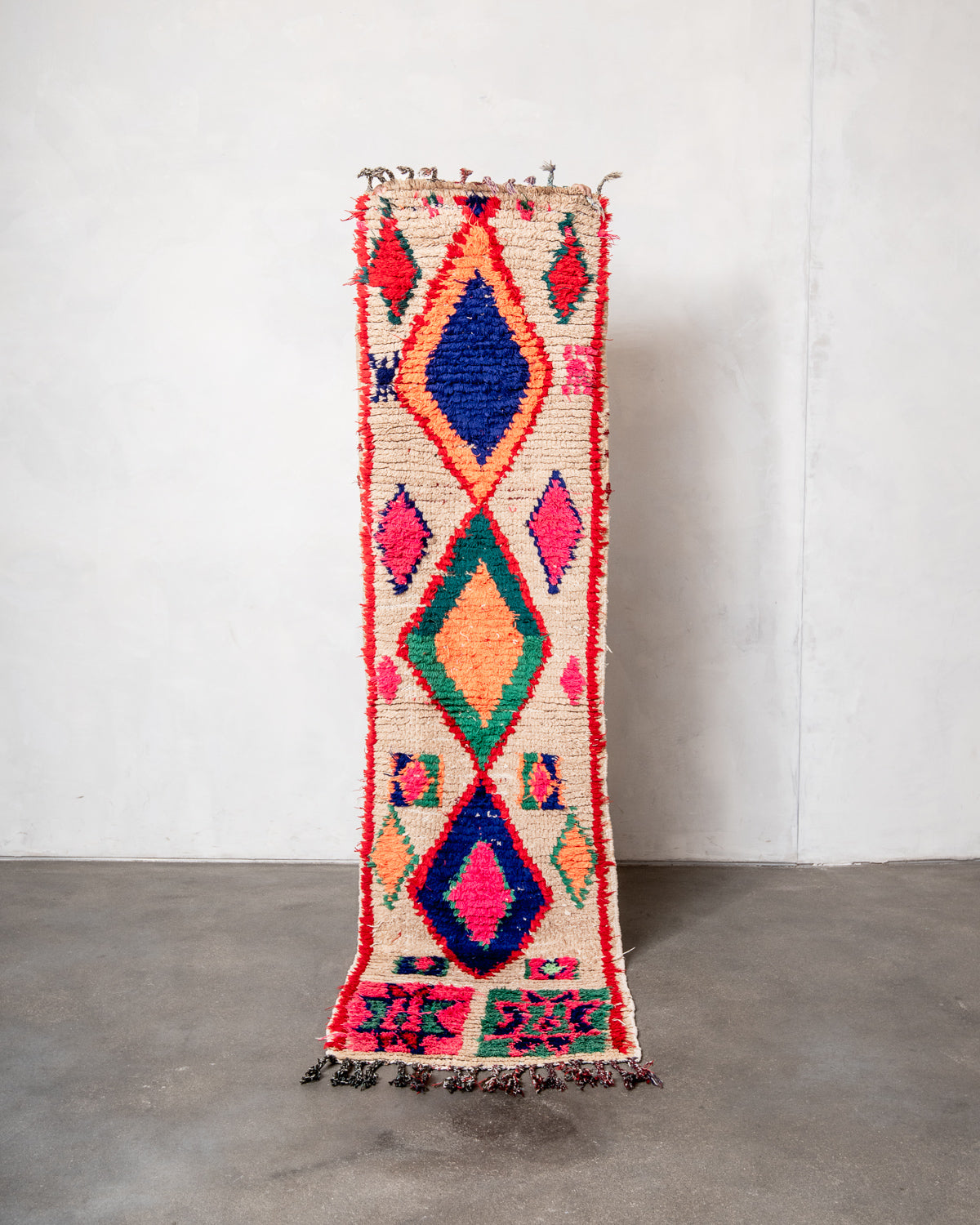Modern, designer, handcrafted Berber runner rug from Morocco. Vintage carpet with beautiful colours and patterns and fluffy texture.
