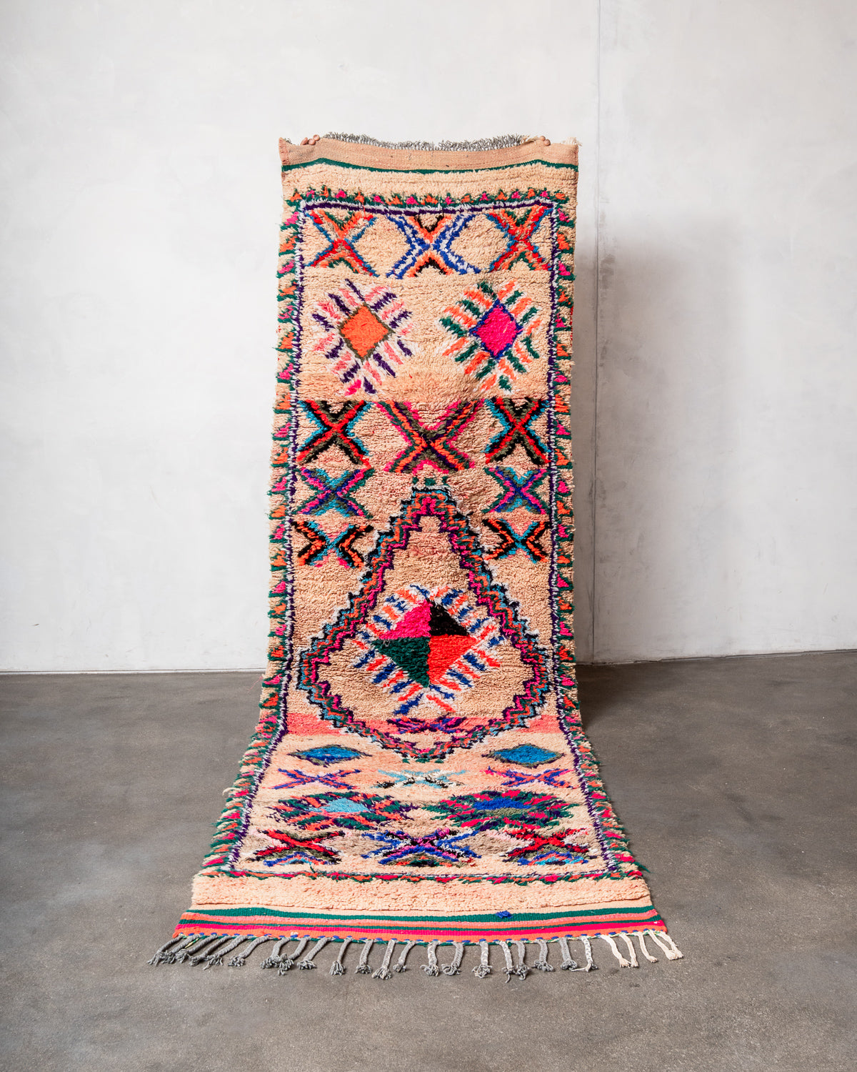 Modern, designer, handcrafted Berber runner rug from Morocco. Vintage carpet with beautiful colours and patterns and fluffy texture.