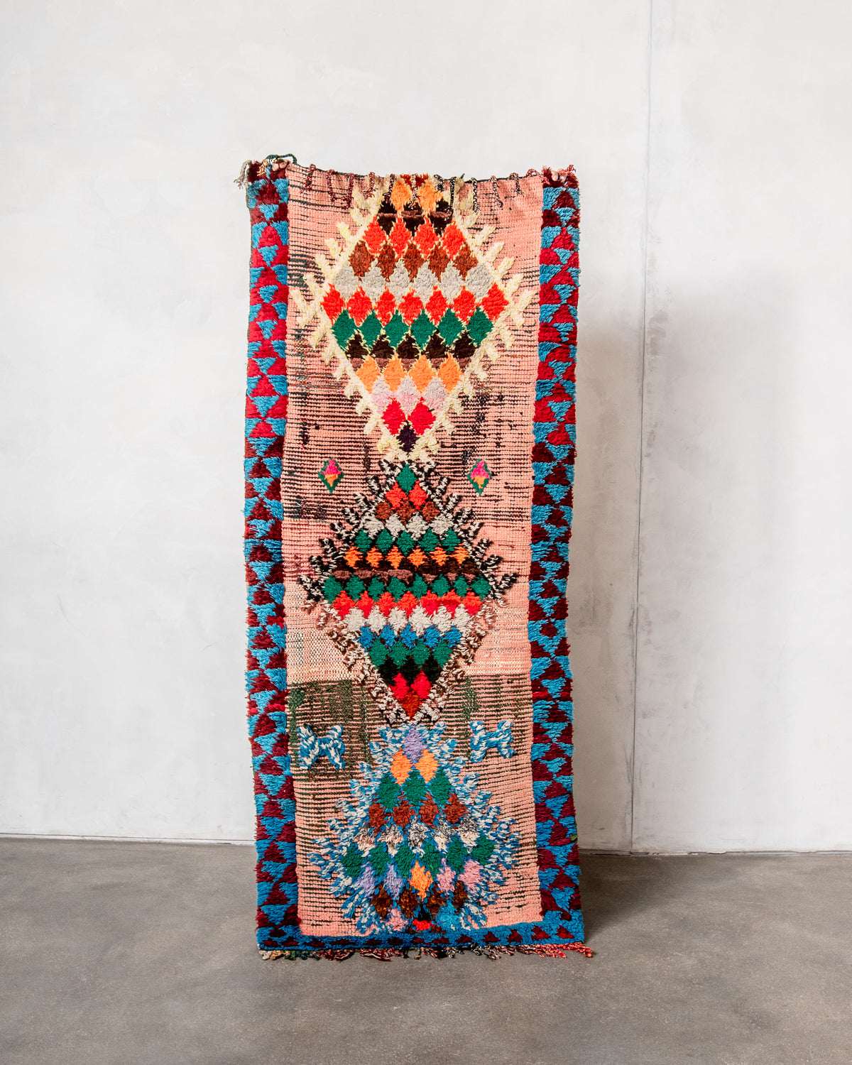 Modern, designer, handcrafted Berber runner rug from Morocco. Vintage carpet with beautiful colours and patterns and fluffy texture.