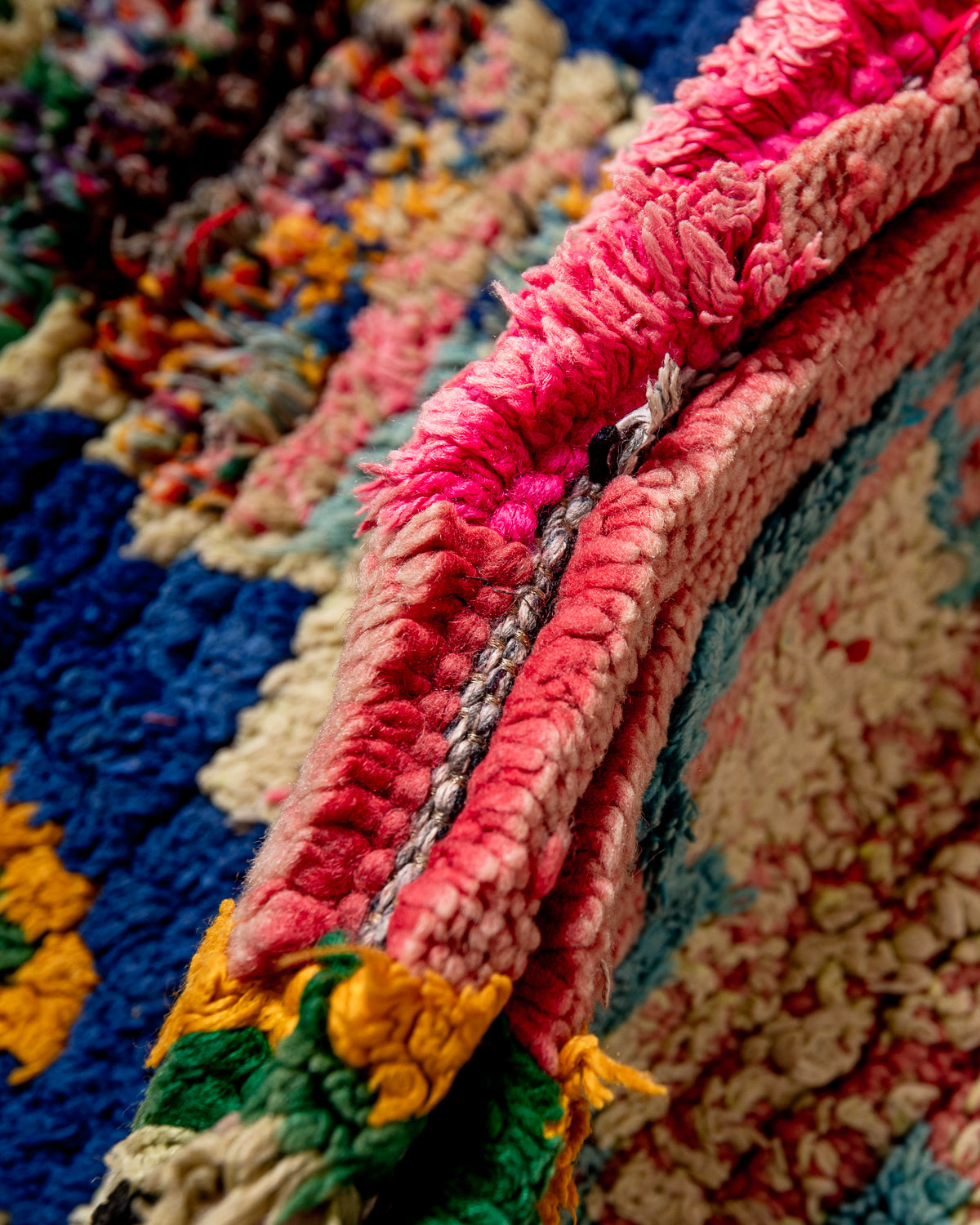 Modern, designer, handcrafted Berber runner rug from Morocco. Vintage carpet with beautiful colours and patterns and fluffy texture.