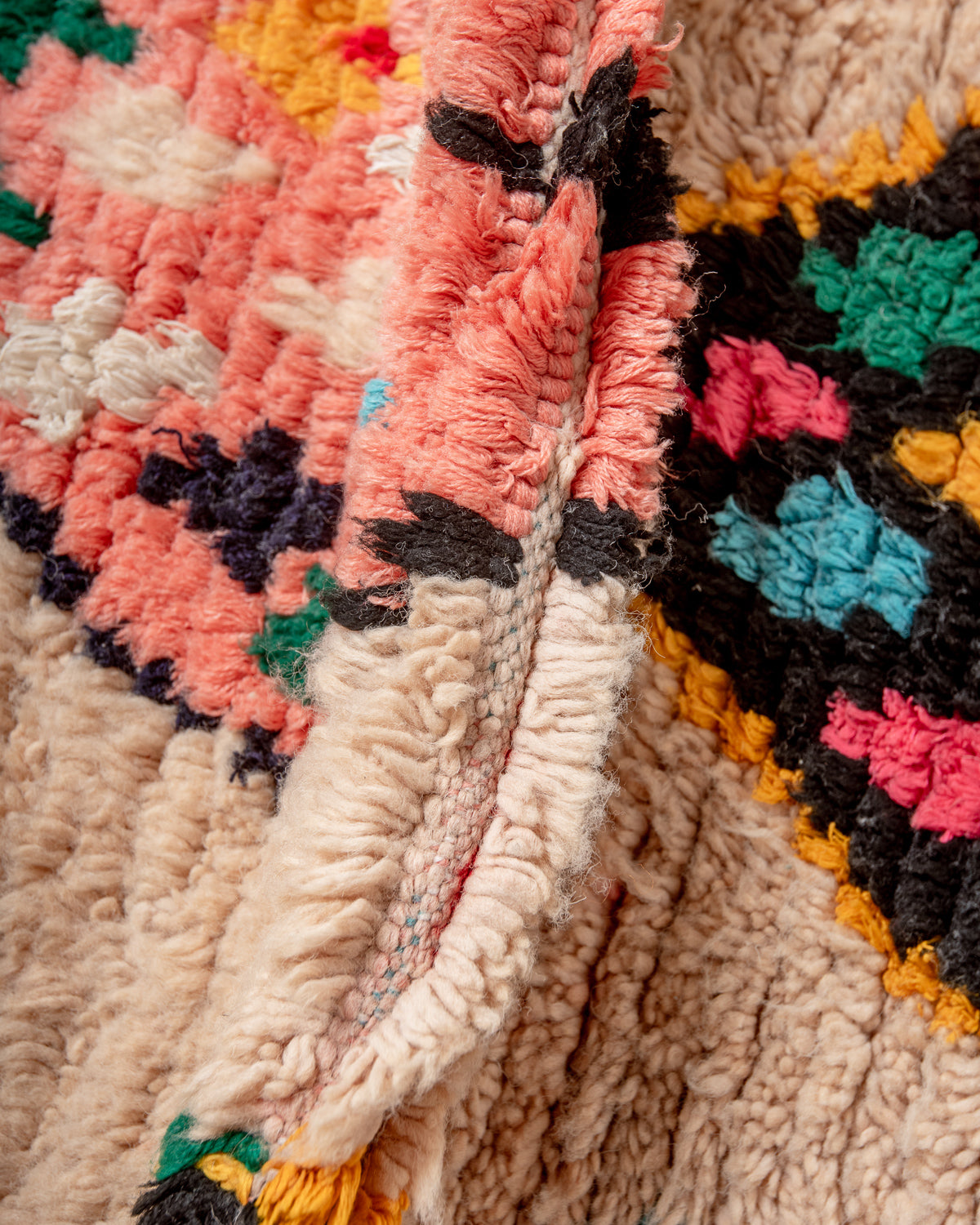 Modern, designer, handcrafted Berber runner rug from Morocco. Vintage carpet with beautiful colours and patterns and fluffy texture.