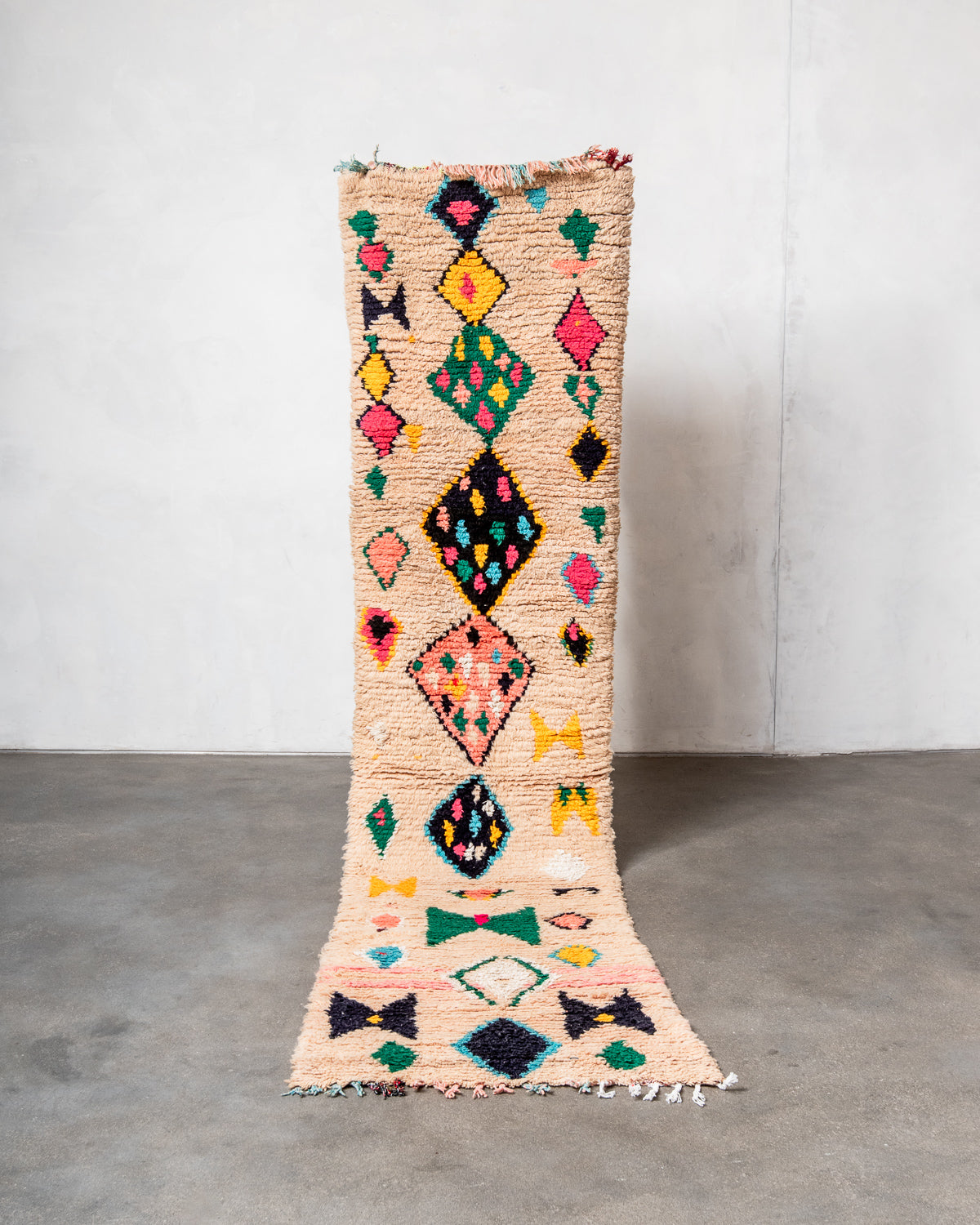 Modern, designer, handcrafted Berber runner rug from Morocco. Vintage carpet with beautiful colours and patterns and fluffy texture.