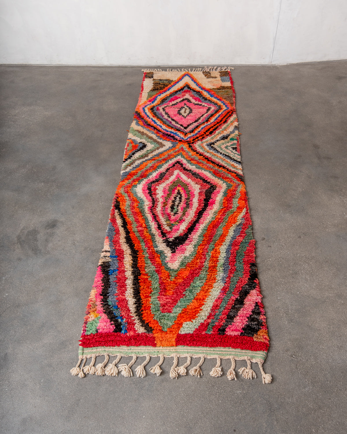 Modern, designer, handcrafted Berber runner rug from Morocco. Vintage carpet with beautiful colours and patterns and fluffy texture.
