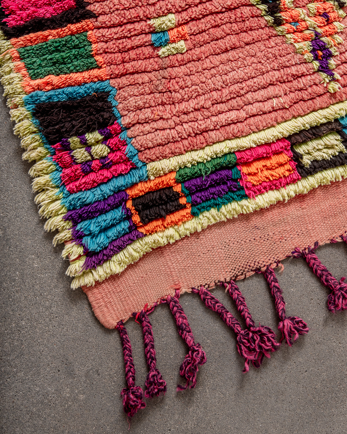 Modern, designer, handcrafted Berber runner rug from Morocco. Vintage carpet with beautiful colours and patterns and fluffy texture.