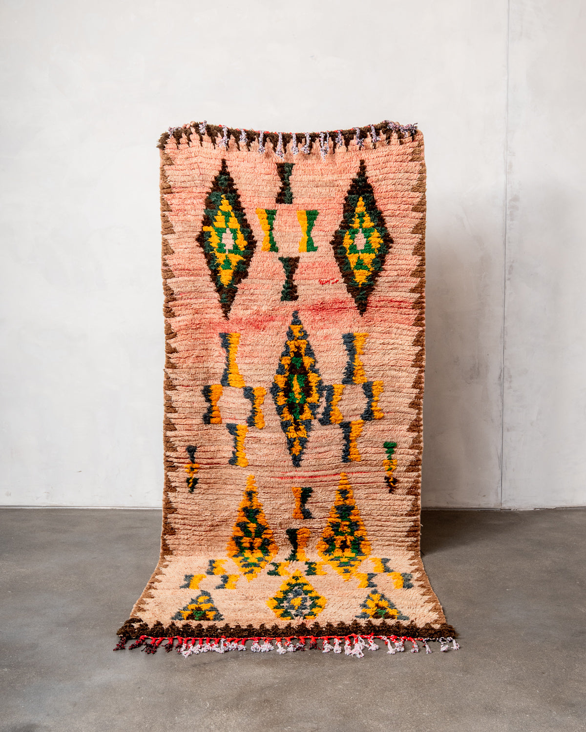 Modern, designer, handcrafted Berber runner rug from Morocco. Vintage carpet with beautiful colours and patterns and fluffy texture.