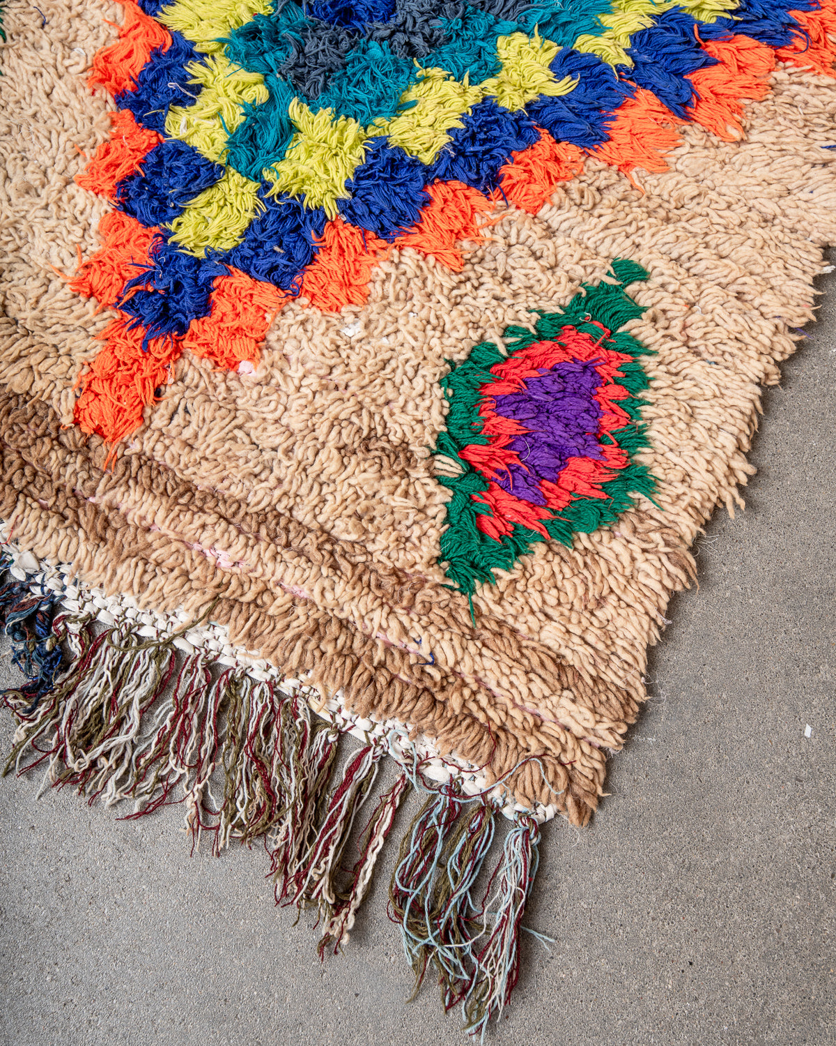 Modern, designer, handcrafted Berber runner rug from Morocco. Vintage carpet with beautiful colours and patterns and fluffy texture.