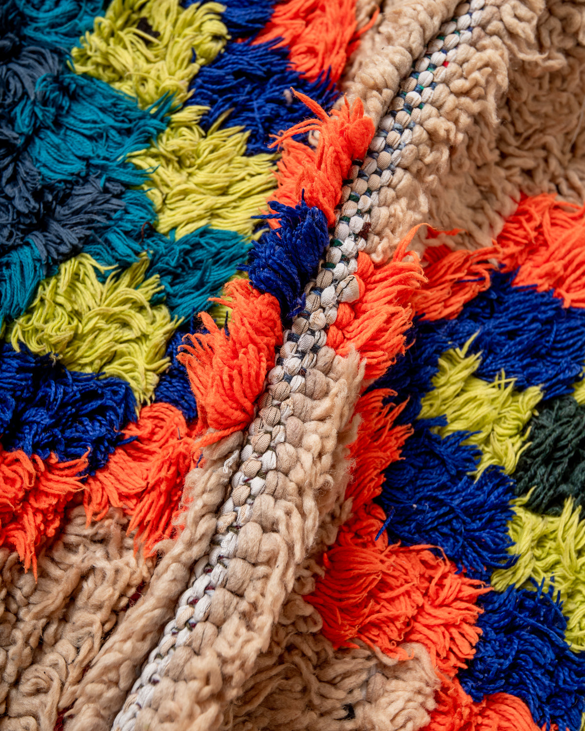 Modern, designer, handcrafted Berber runner rug from Morocco. Vintage carpet with beautiful colours and patterns and fluffy texture.